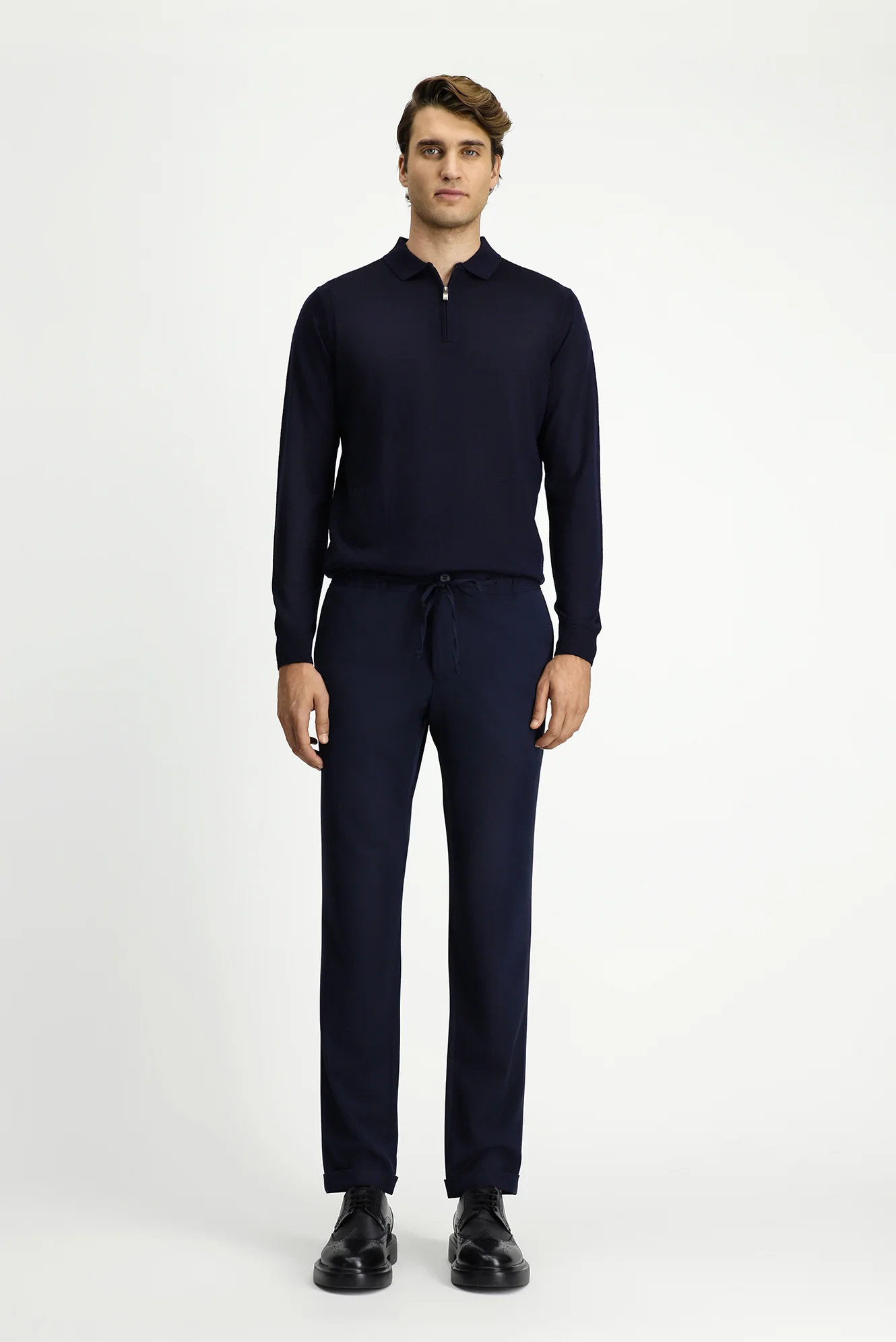 Koyu Lacivert 7 Drop Slim Fit Dar Kesim Likralı Beli Lastikli İpli Klasik Kumaş Pantolon - Image 4