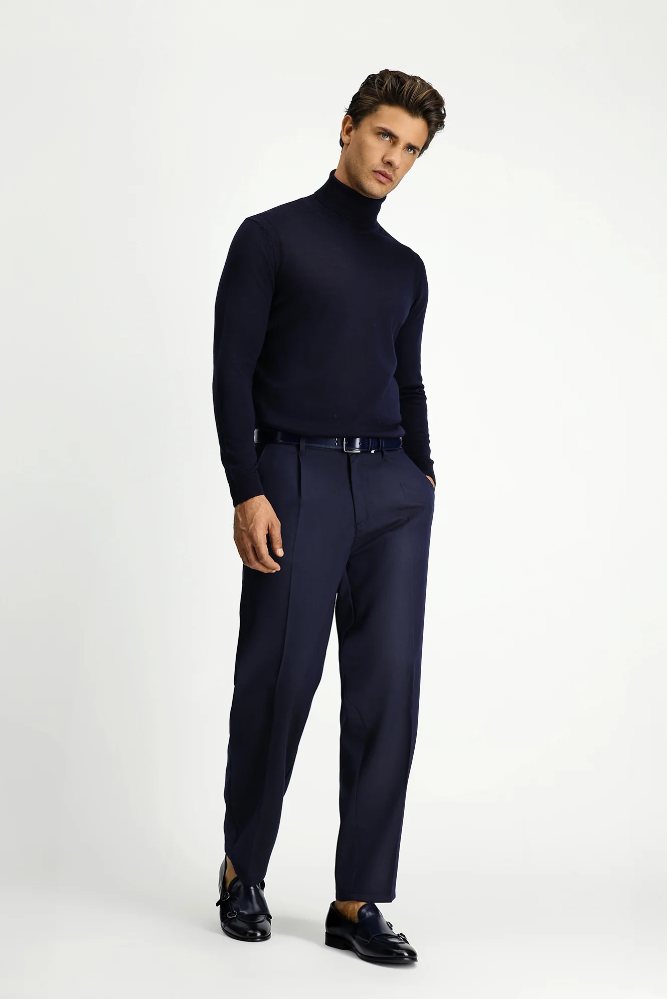 Koyu Lacivert 7 Drop Slim Fit Dar Kesim Likralı Esnek Beli Lastikli Pileli Kanvas / Chino Pantolon