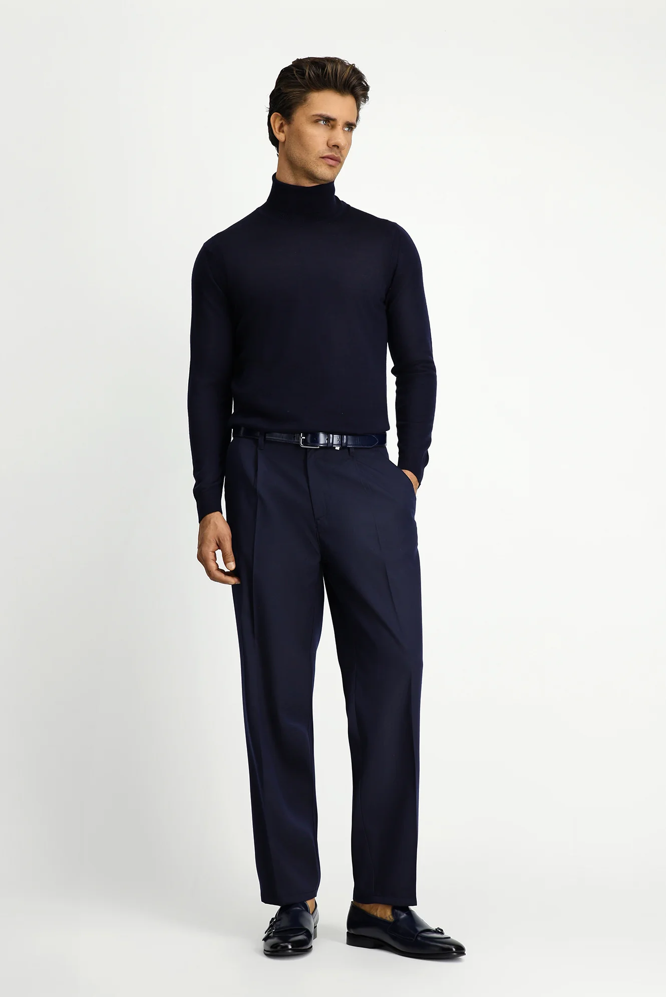 Koyu Lacivert Straight Relaxed Fit Likralı Esnek Beli Lastikli Pileli Kanvas / Chino Pantolon - Image 2