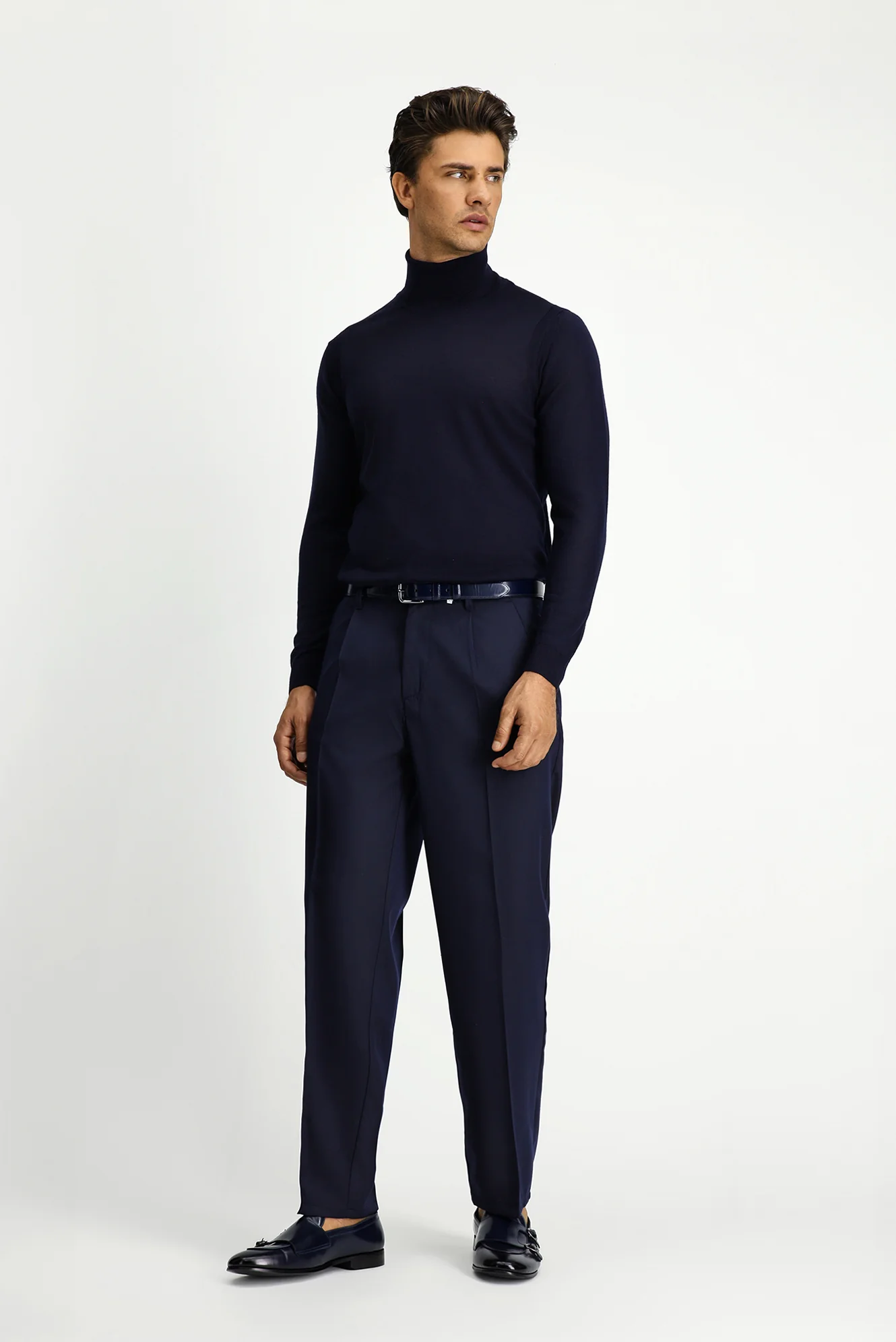 Koyu Lacivert Straight Relaxed Fit Likralı Esnek Beli Lastikli Pileli Kanvas / Chino Pantolon - Image 3