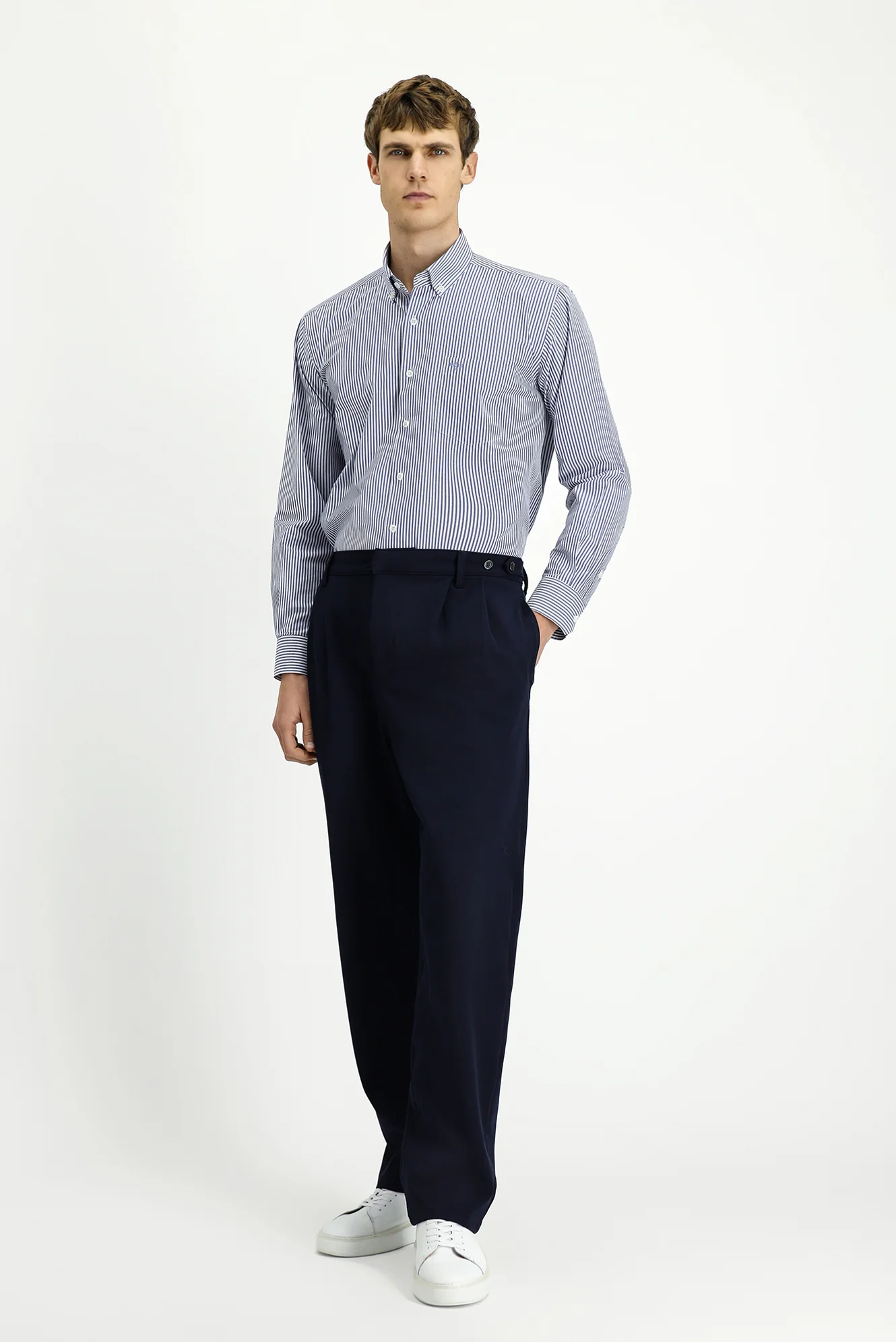 Koyu Lacivert Straight Wide Leg Pileli Pantolon - Image 2