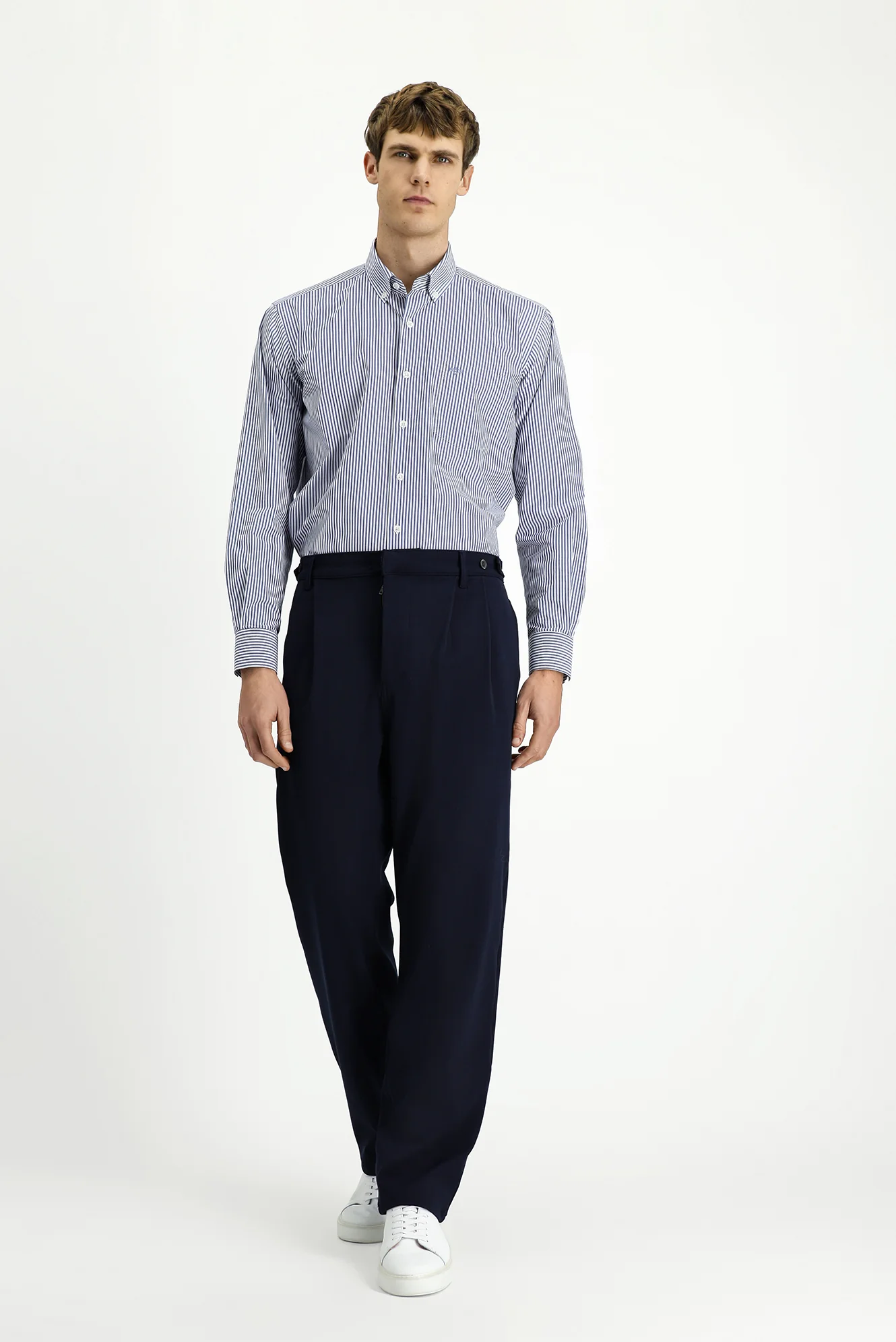 Koyu Lacivert Straight Wide Relaxed Fit Pileli Pantolon - Image 3