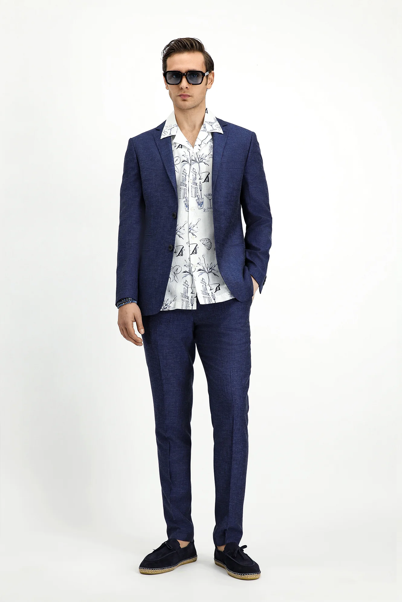 Koyu Lacivert 7 Drop Super Slim Fit Eksra Dar Kesim Beli Lastikli İpli Çizgili Ketenli Takım Elbise - Image 2