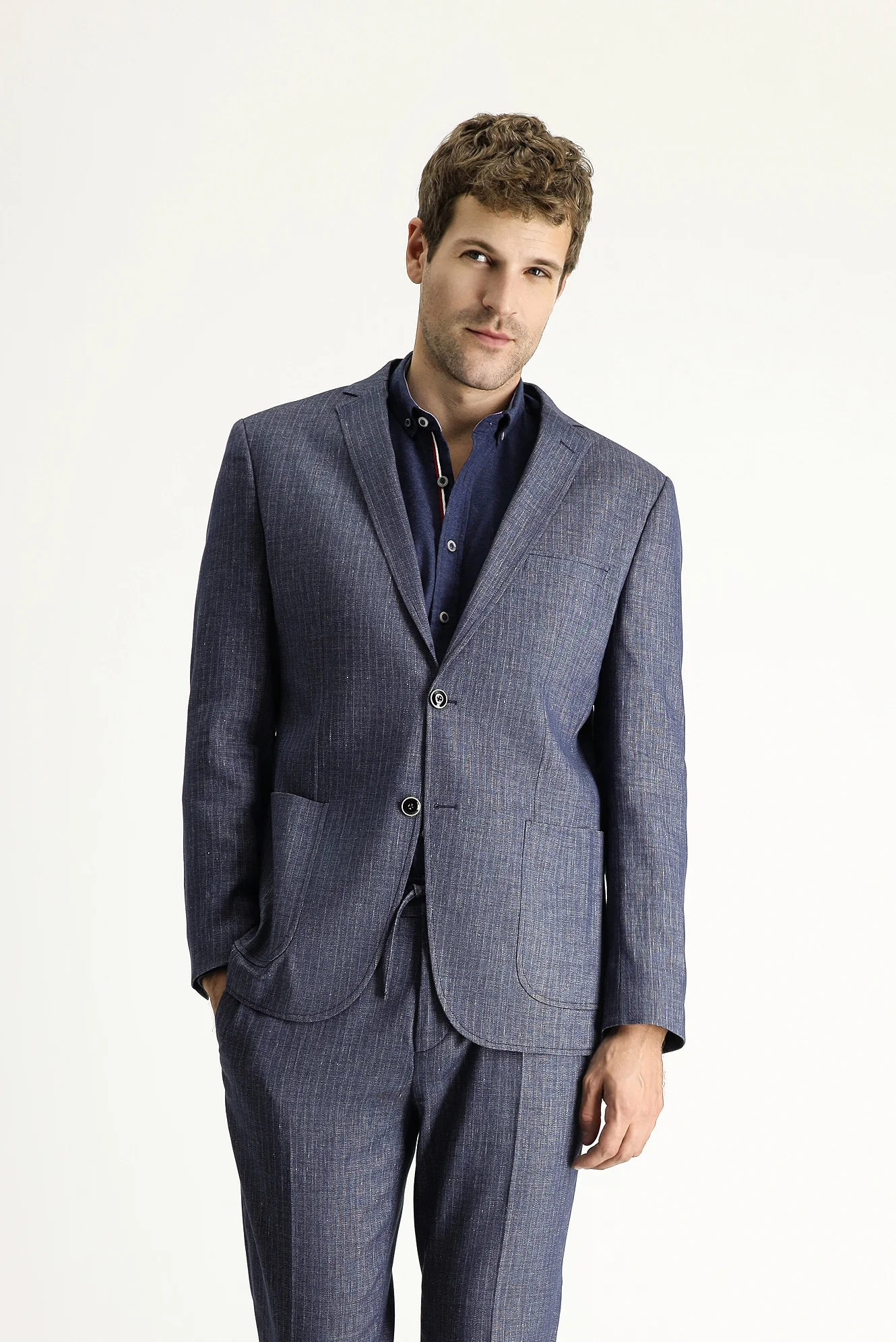Koyu Lacivert 7 Drop Super Slim Fit Eksra Dar Kesim Beli Lastikli İpli Desenli Keten Karışımlı Takım Elbise - Image 3