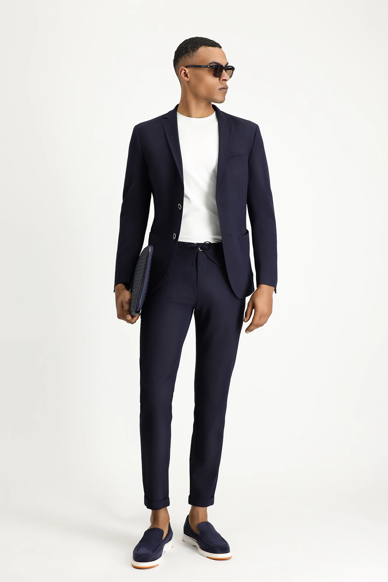 Koyu Lacivert 7 Drop Super Slim Fit Eksra Dar Kesim Beli Lastikli İpli Gofre Likralı Klasik Kumaş Pantolon - Image 2