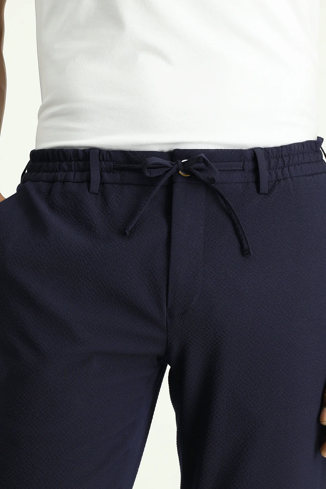 Koyu Lacivert 7 Drop Super Slim Fit Eksra Dar Kesim Beli Lastikli İpli Gofre Likralı Klasik Kumaş Pantolon - Image 5