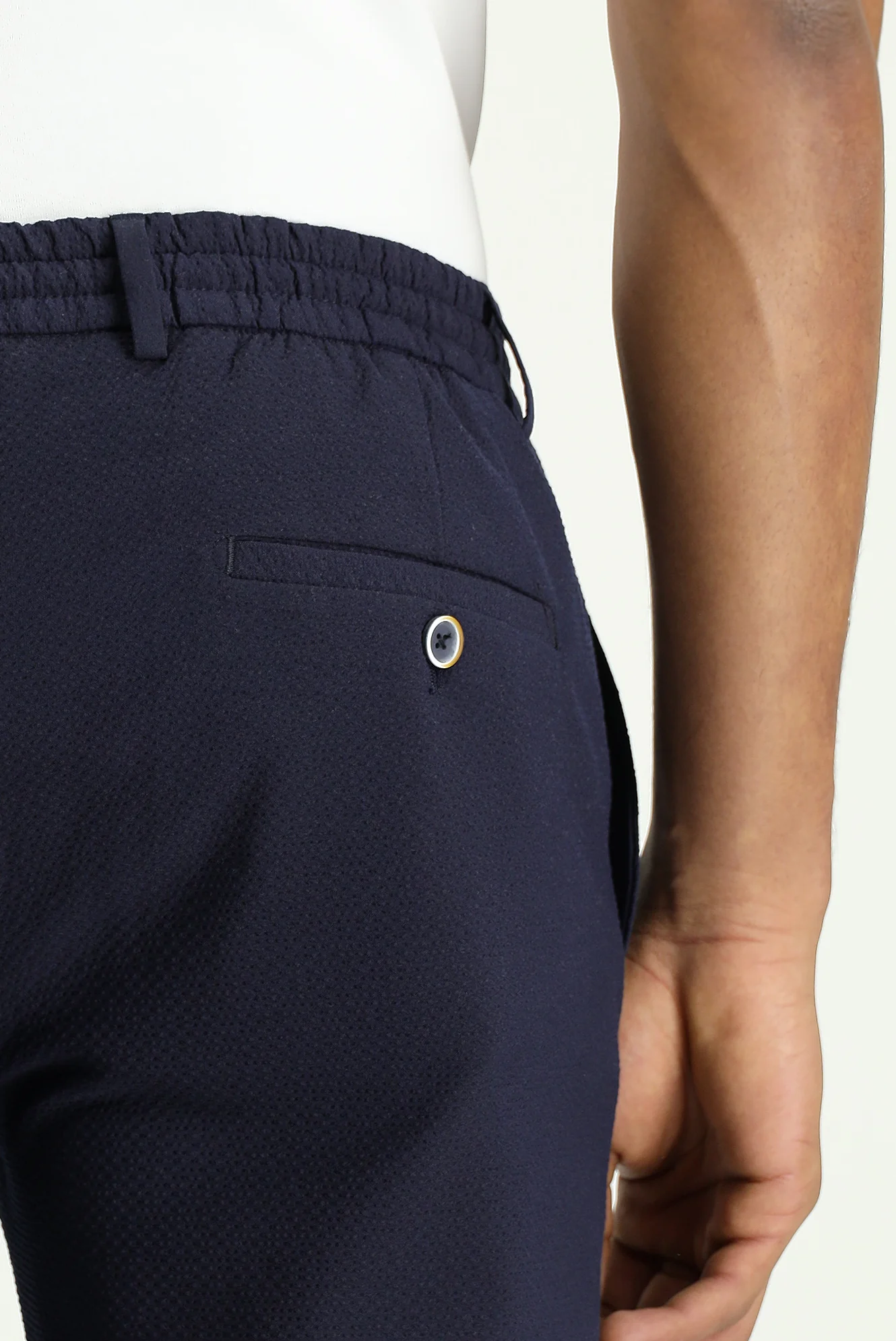 Koyu Lacivert 7 Drop Super Slim Fit Eksra Dar Kesim Beli Lastikli İpli Gofre Likralı Klasik Kumaş Pantolon - Image 6