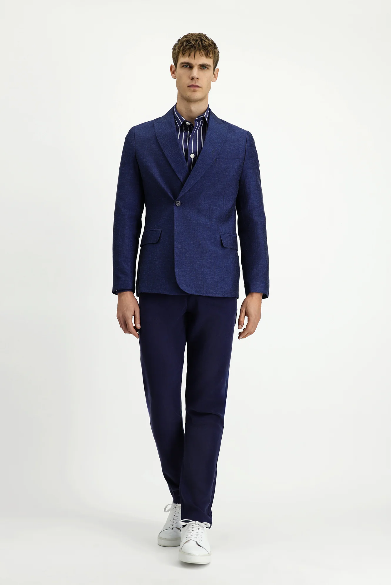 Koyu Lacivert 7 Drop Super Slim Fit Eksra Dar Kesim Çizgili Keten Karışımlı Kruvaze Ceket