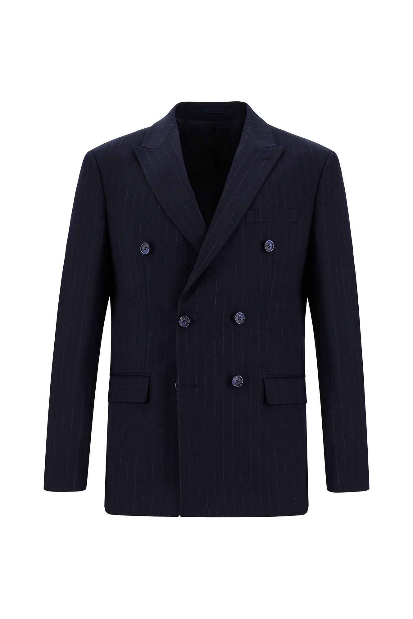 Koyu Lacivert 7 Drop Super Slim Fit Eksra Dar Kesim Çizgili Kruvaze Takım Elbise - Image 2