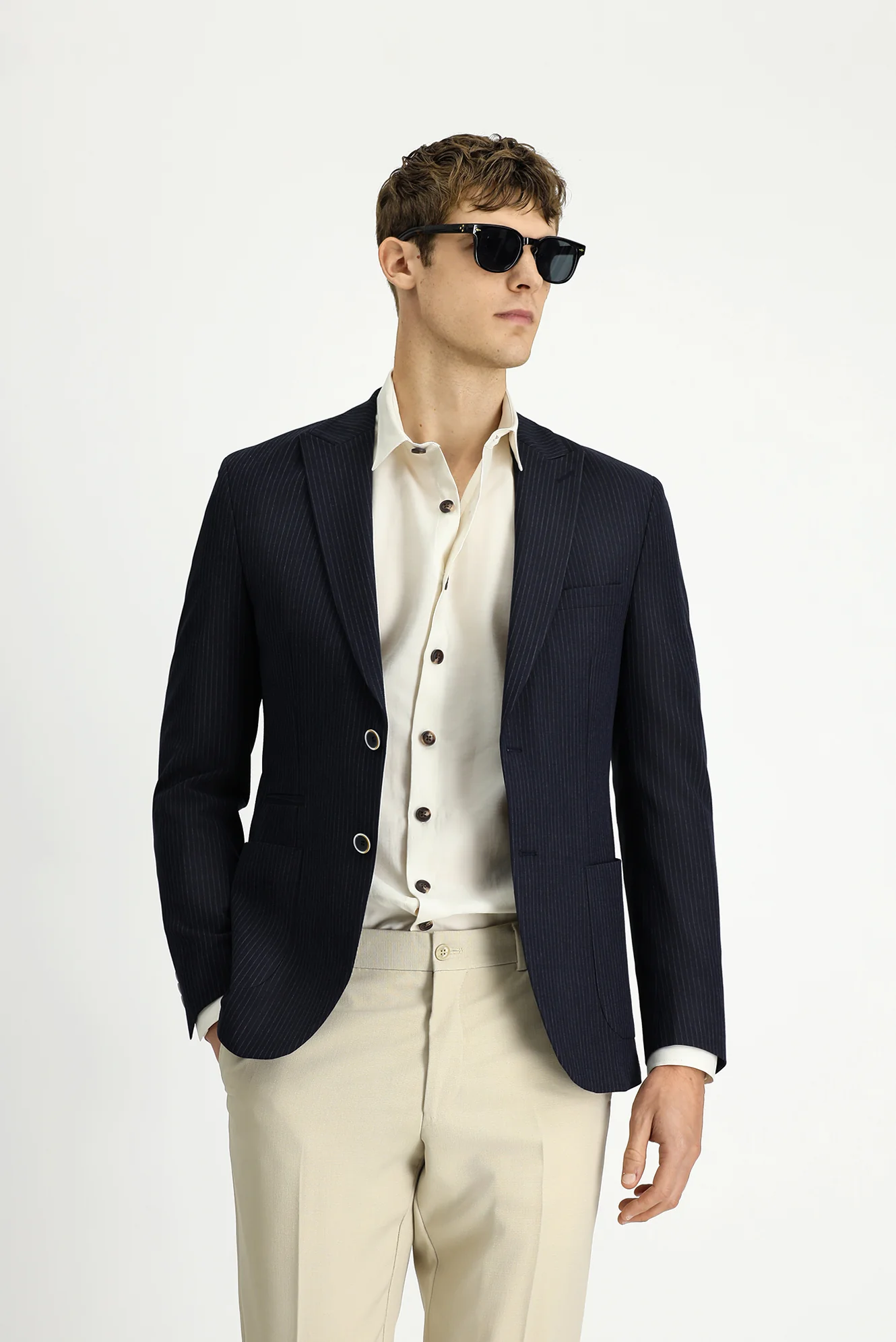 Koyu Lacivert 7 Drop Super Slim Fit Eksra Dar Kesim Çizgili Likralı Spor Ceket - Image 3