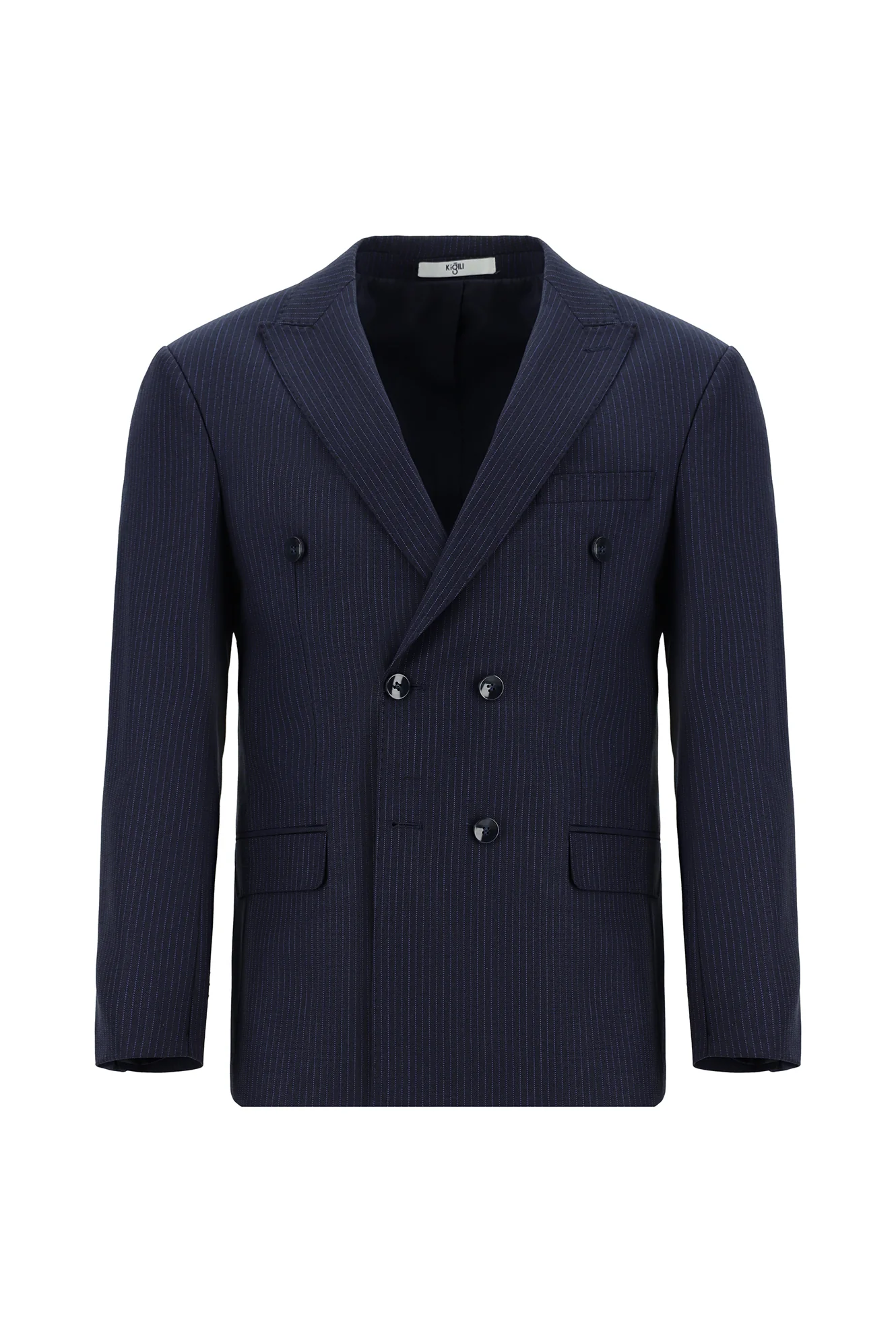 Koyu Lacivert 7 Drop Super Slim Fit Eksra Dar Kesim Çizgili Yünlü Kruvaze Takım Elbise - Image 2