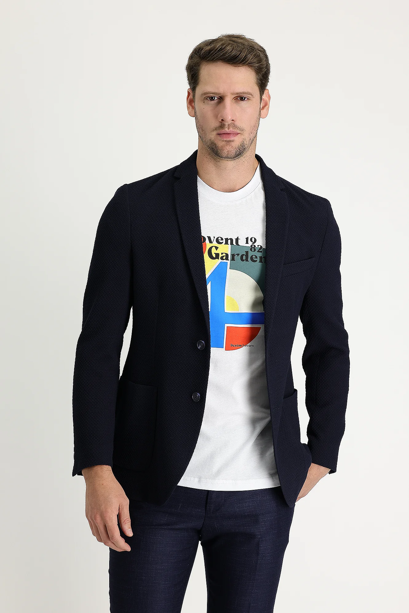 Koyu Lacivert 7 Drop Super Slim Fit Eksra Dar Kesim Desenli Ceket