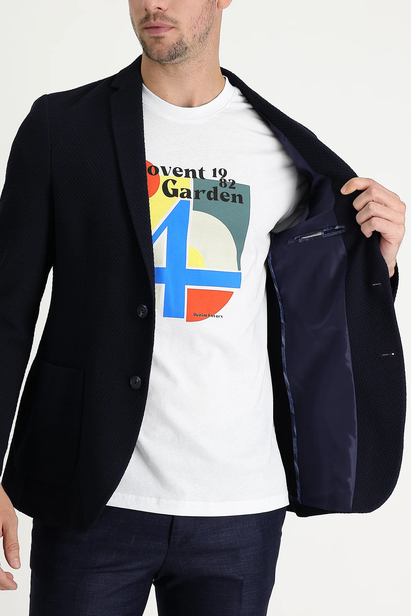 Koyu Lacivert 7 Drop Super Slim Fit Eksra Dar Kesim Desenli Ceket - Image 4