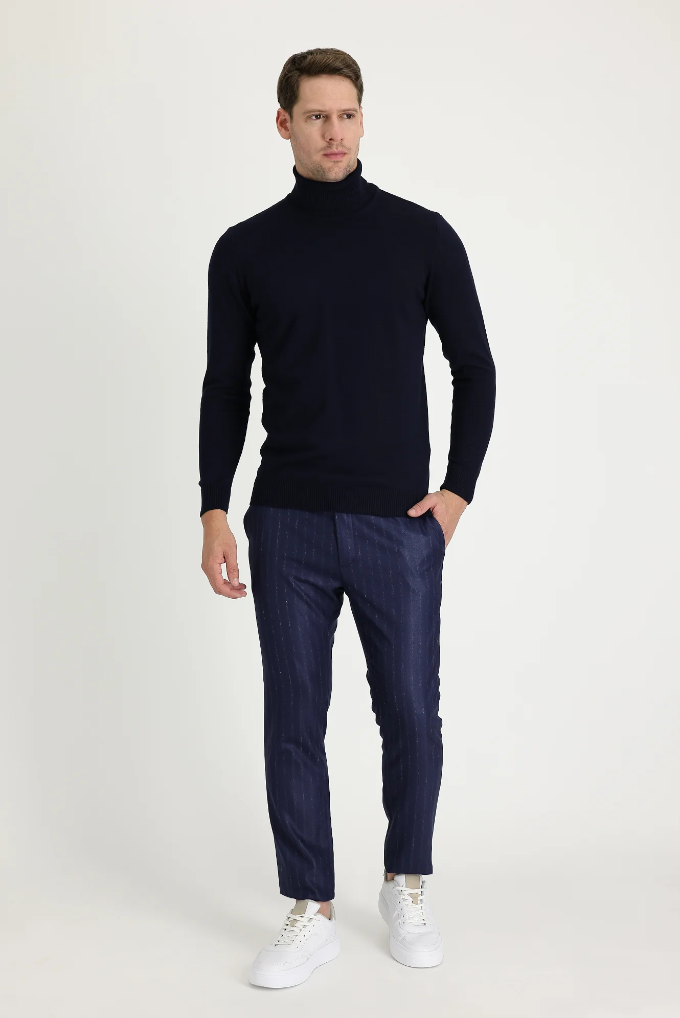Koyu Lacivert Super Slim Fit Ekstra Dar Kesim Desenli Klasik Kumaş Pantolon