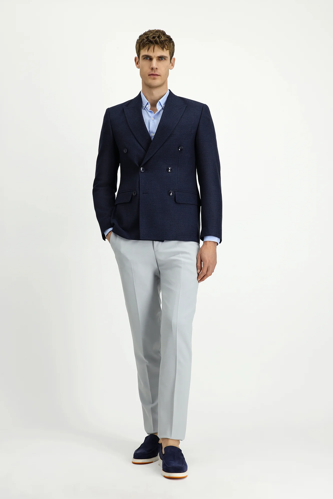 Koyu Lacivert 7 Drop Super Slim Fit Eksra Dar Kesim Desenli Kruvaze Ceket - Image 2