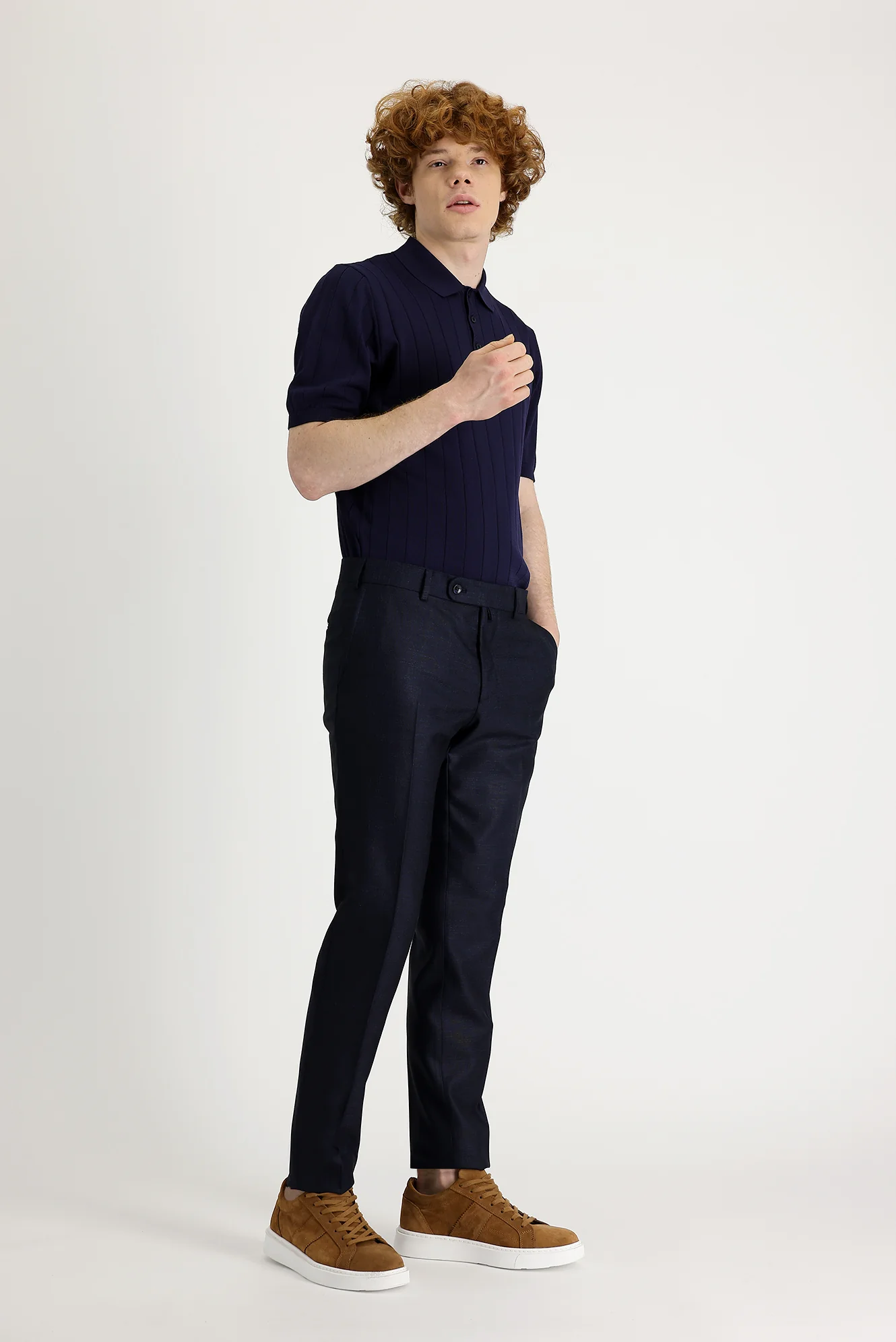 Koyu Lacivert 7 Drop Super Slim Fit Eksra Dar Kesim Desenli Likralı Klasik Kumaş Pantolon