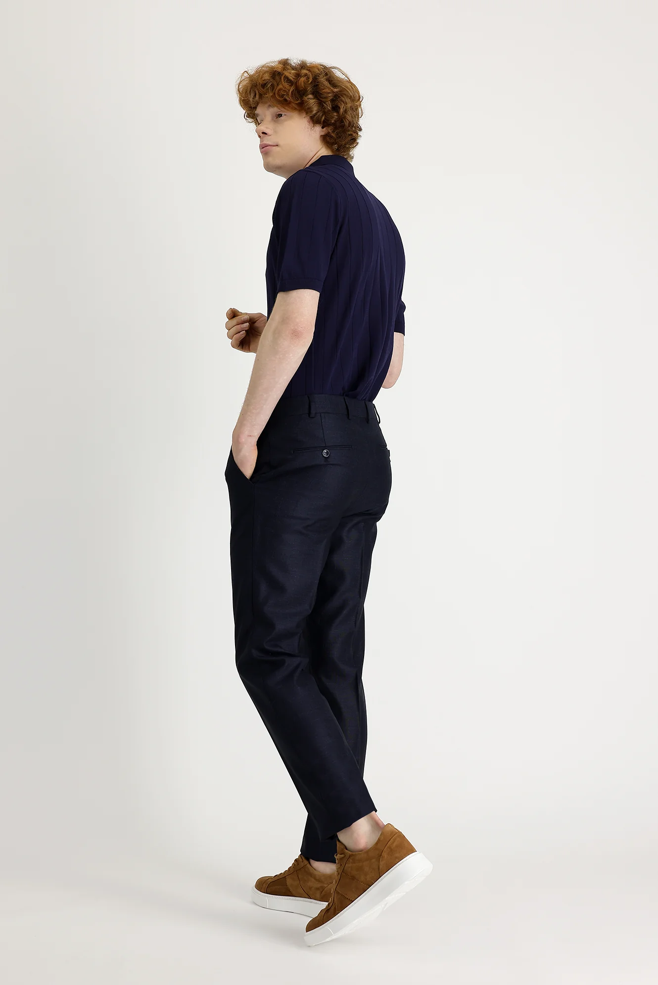 Koyu Lacivert 7 Drop Super Slim Fit Eksra Dar Kesim Desenli Likralı Klasik Kumaş Pantolon - Image 3