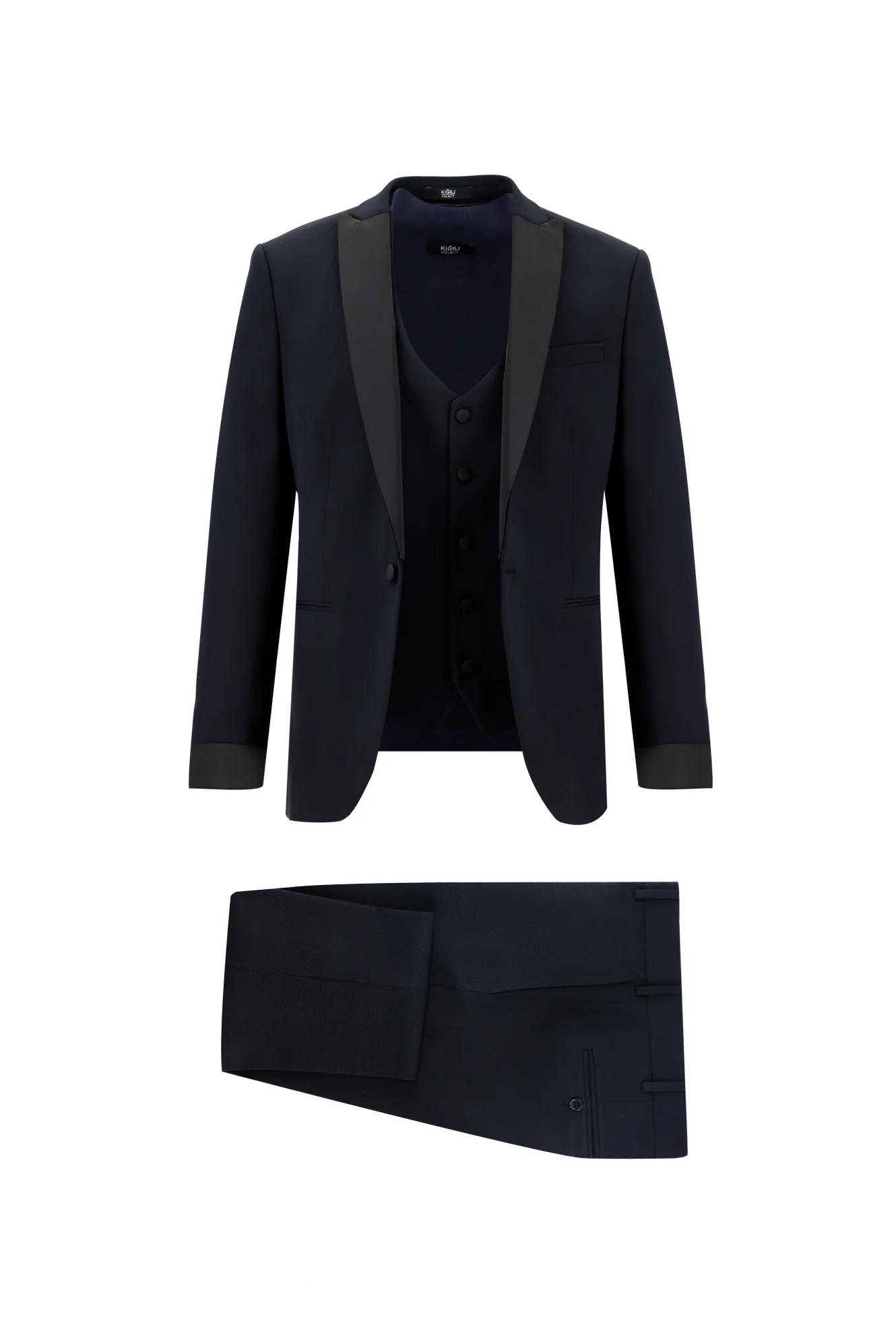 Koyu Lacivert 7 Drop Super Slim Fit Eksra Dar Kesim Fit Sivri Yaka Yelekli Smokin & Damatlık