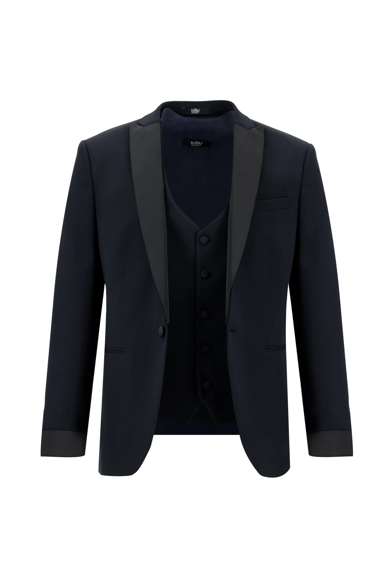 Koyu Lacivert 7 Drop Super Slim Fit Eksra Dar Kesim Fit Sivri Yaka Yelekli Smokin & Damatlık - Image 2