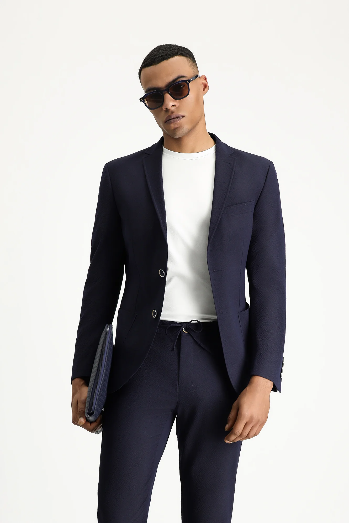 Koyu Lacivert 7 Drop Super Slim Fit Eksra Dar Kesim Gofre Ceket