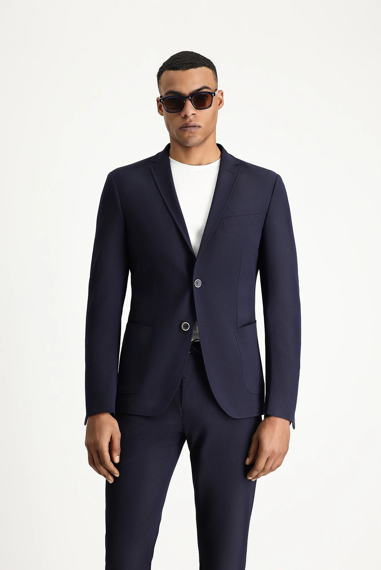 Koyu Lacivert 7 Drop Super Slim Fit Eksra Dar Kesim Gofre Ceket - Image 4