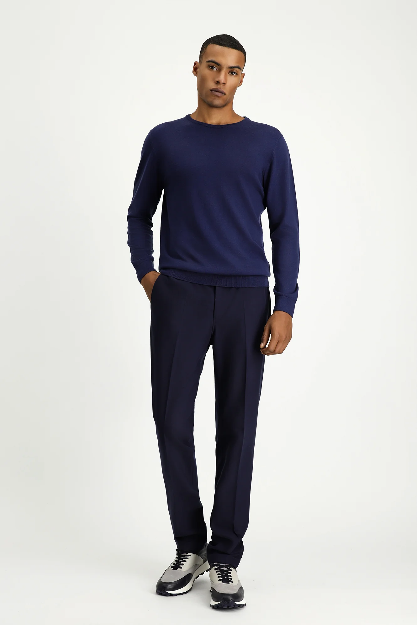 Koyu Lacivert 7 Drop Super Slim Fit Eksra Dar Kesim Likralı Beli Lastikli İpli Klasik Kumaş Pantolon