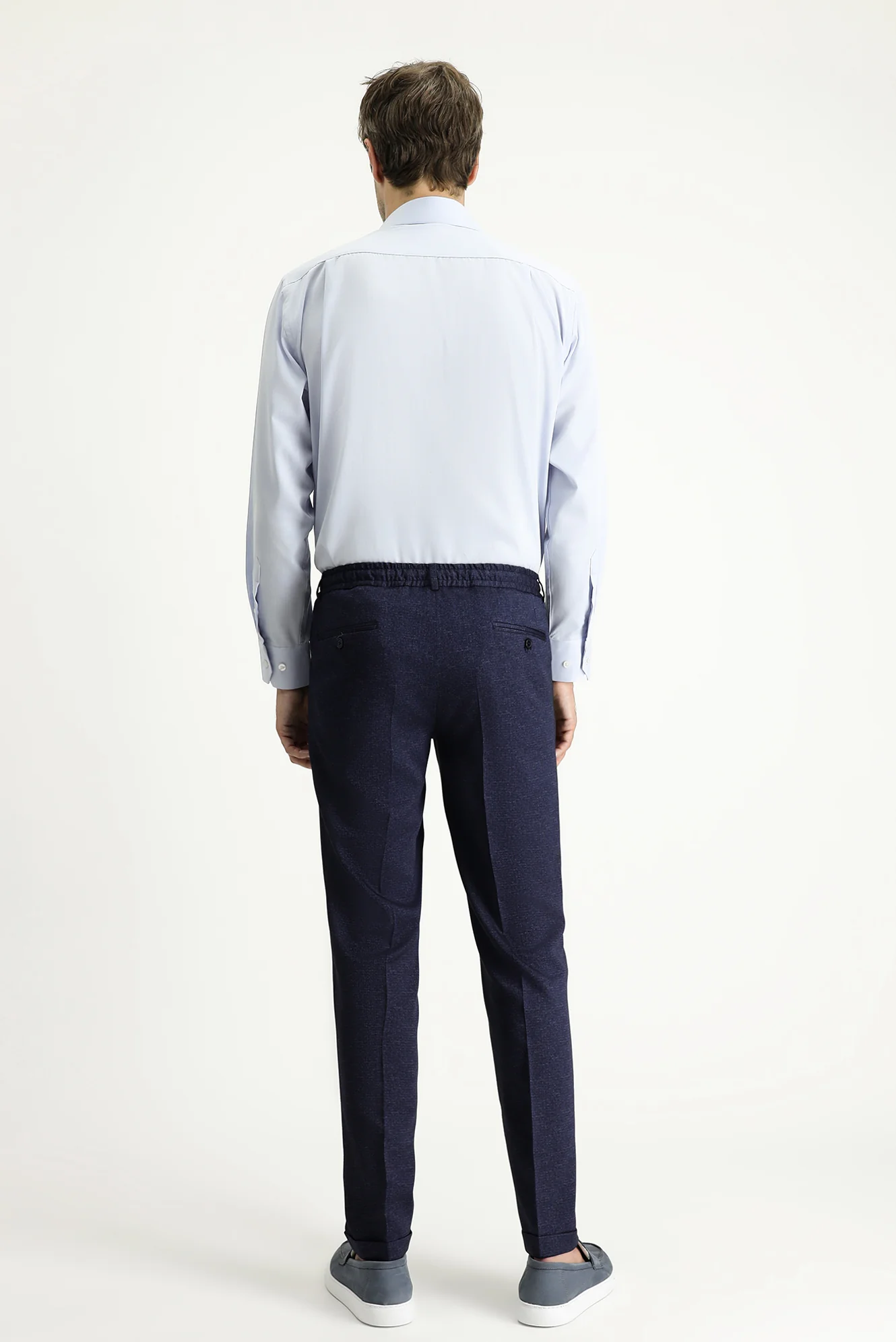 Koyu Lacivert 7 Drop Super Slim Fit Eksra Dar Kesim Likralı Beli Lastikli İpli Klasik Kumaş Pantolon - Image 4