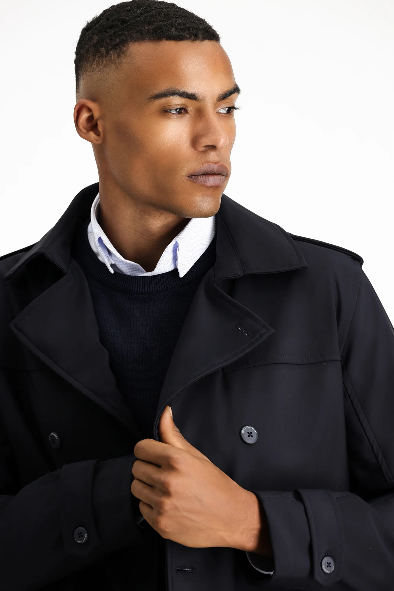 Koyu Lacivert Techno-Line Regular Fit Kruvaze Kapama Düz Trençkot - Image 3