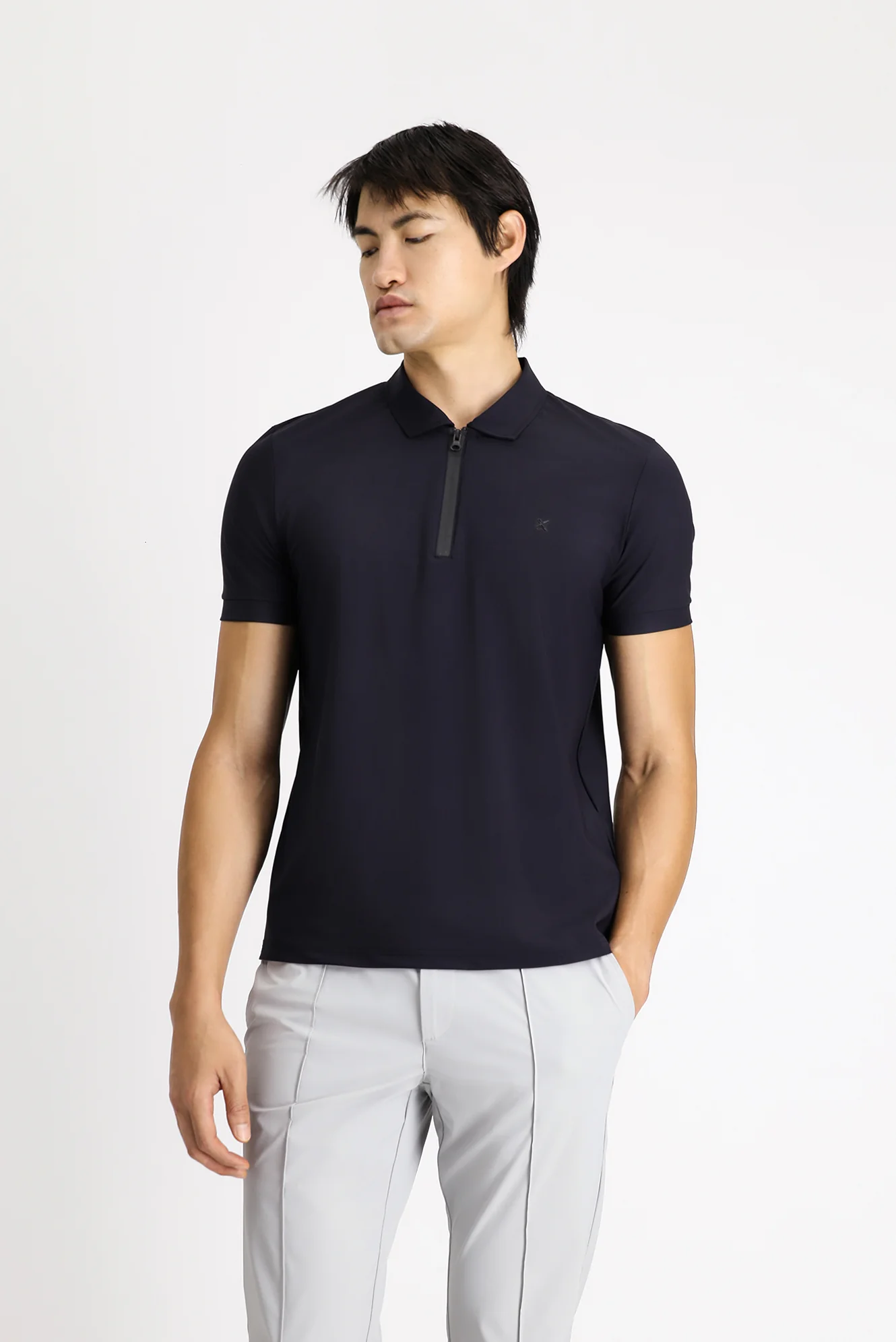 Koyu Lacivert Techno-Line Polo Yaka Slim Fit Dar Kesim Fermuarlı Likralı Tişört - Image 2