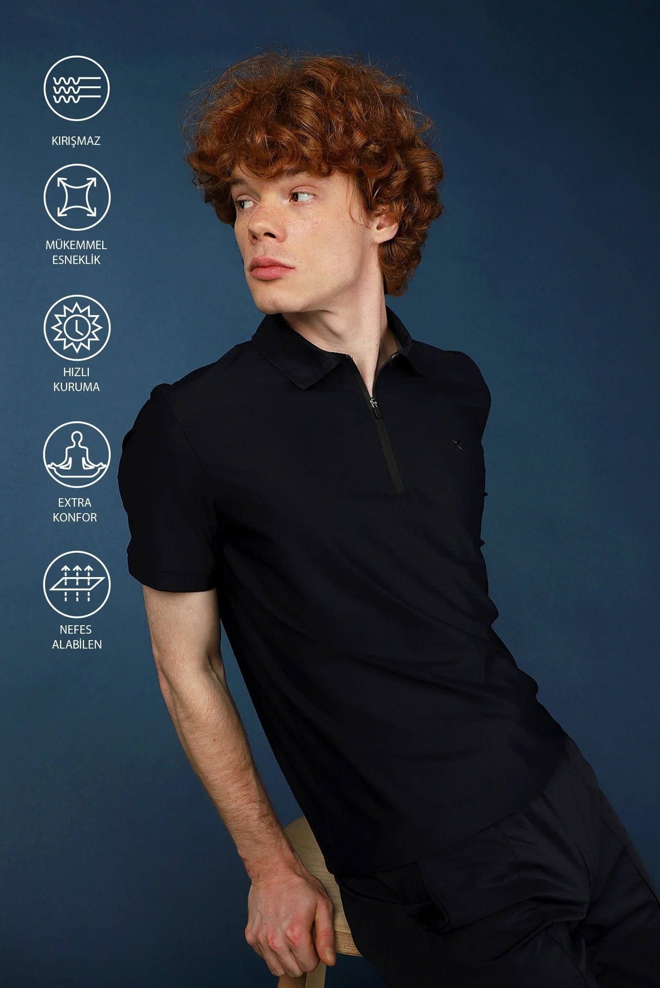 Koyu Lacivert Techno-Line Polo Yaka Slim Fit Dar Kesim Fermuarlı Tişört