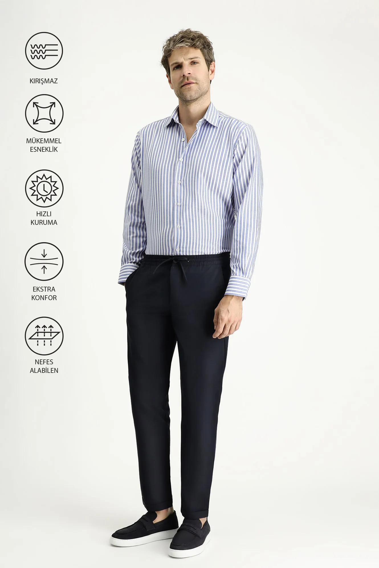 Koyu Lacivert Techno-Line 7 Drop Slim Fit Dar Kesim Beli Lastikli İpli Klasik Kumaş Pantolon