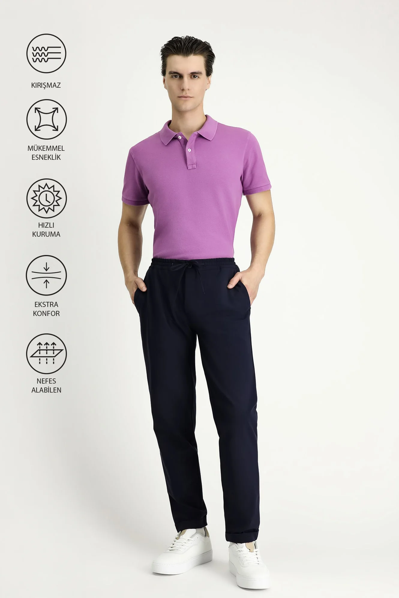 Koyu Lacivert Techno-Line 7 Drop Slim Fit Dar Kesim Beli Lastikli İpli Likralı Klasik Kumaş Pantolon