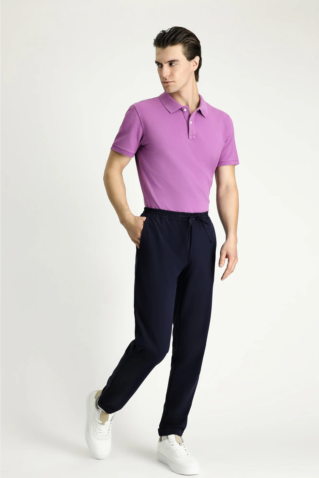 Koyu Lacivert Techno-Line 7 Drop Slim Fit Dar Kesim Beli Lastikli İpli Likralı Klasik Kumaş Pantolon - Image 2