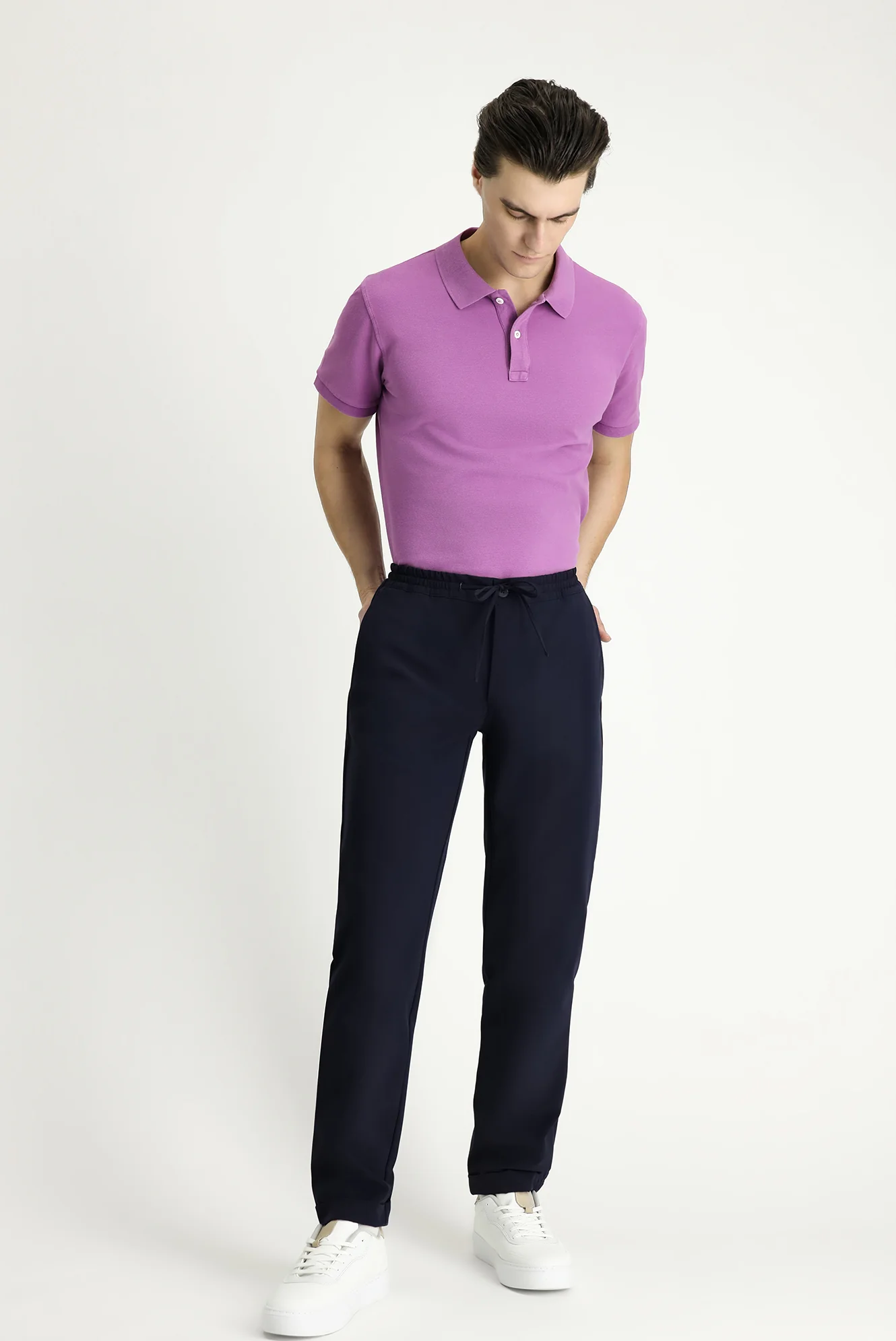 Koyu Lacivert Techno-Line 7 Drop Slim Fit Dar Kesim Beli Lastikli İpli Likralı Klasik Kumaş Pantolon - Image 3