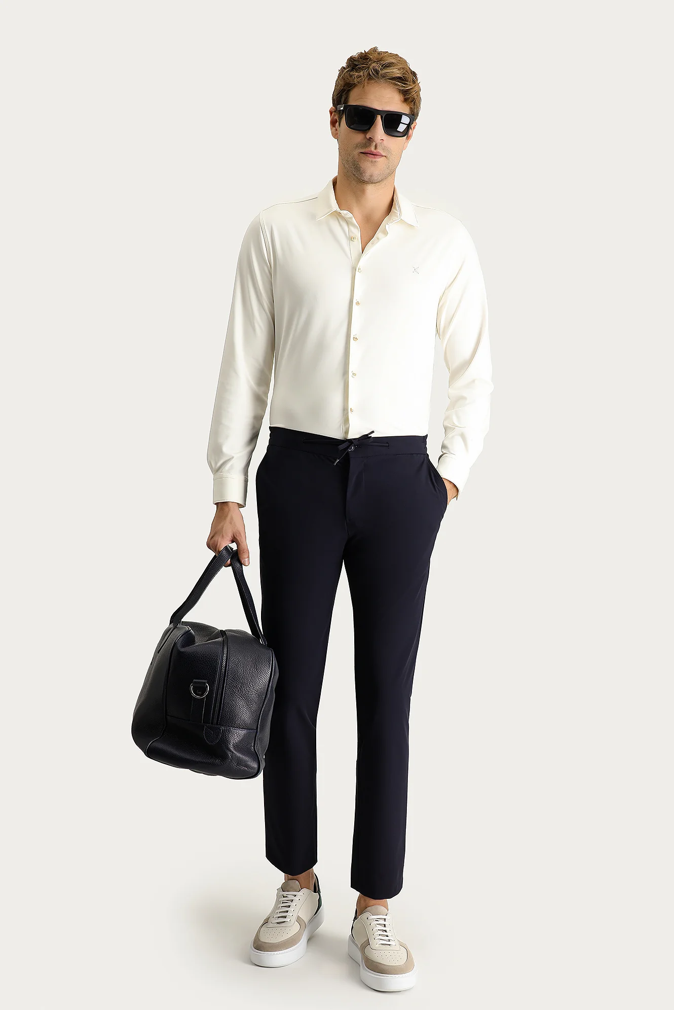 Koyu Lacivert Techno-Line 7 Drop Slim Fit Dar Kesim Beli Lastikli İpli Likralı Kumaş Pantolon - Image 2