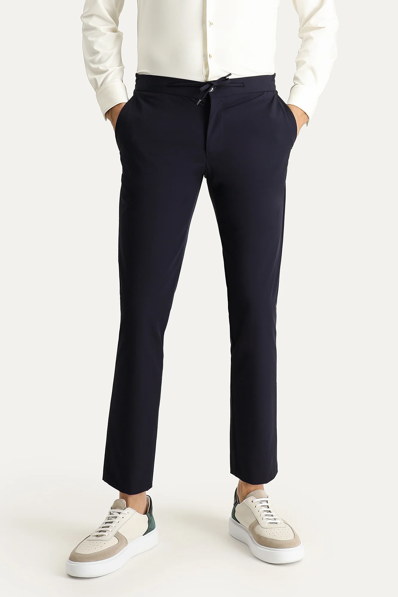 Koyu Lacivert Techno-Line 7 Drop Slim Fit Dar Kesim Beli Lastikli İpli Likralı Kumaş Pantolon - Image 3