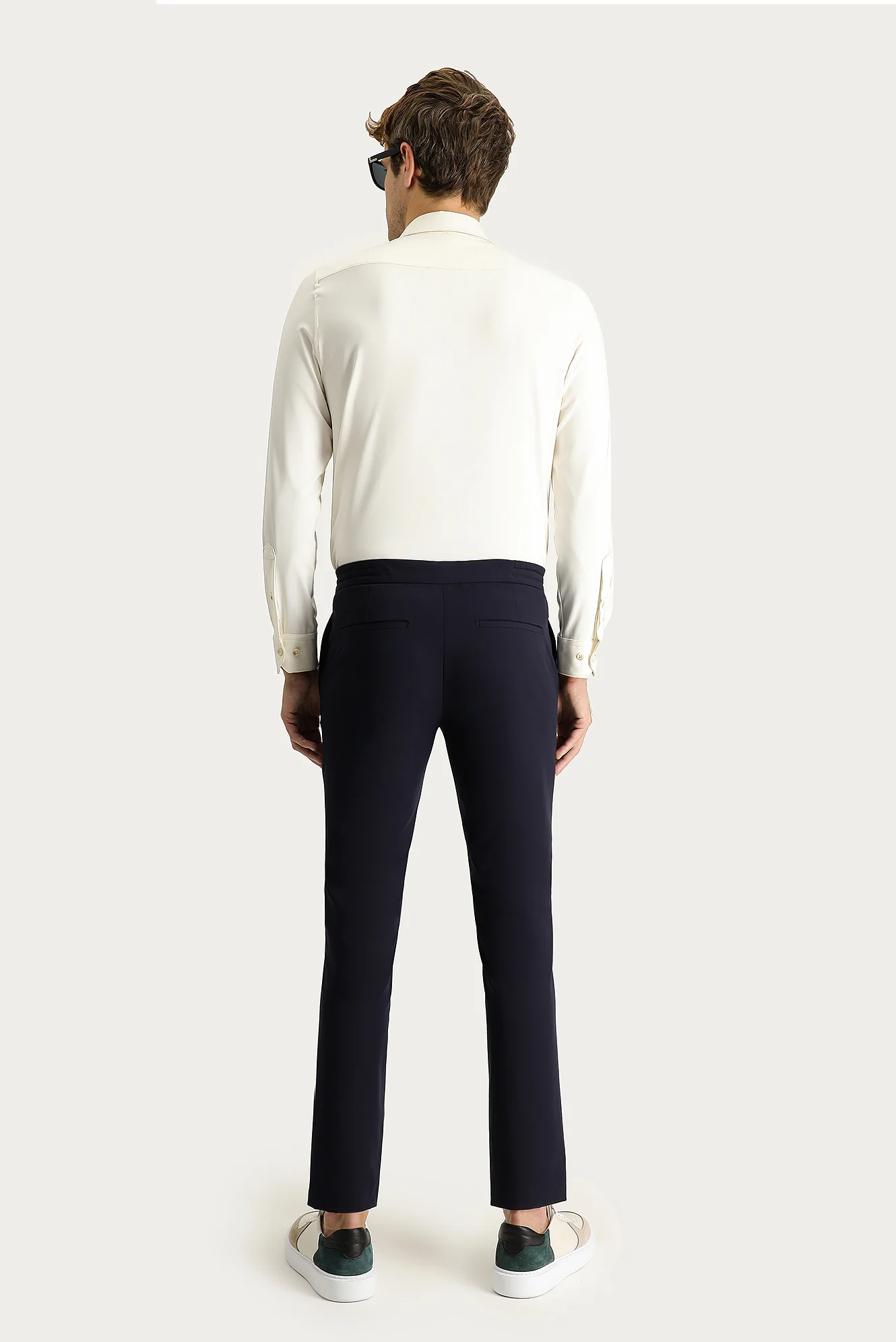Koyu Lacivert Techno-Line 7 Drop Slim Fit Dar Kesim Beli Lastikli İpli Likralı Kumaş Pantolon - Image 4