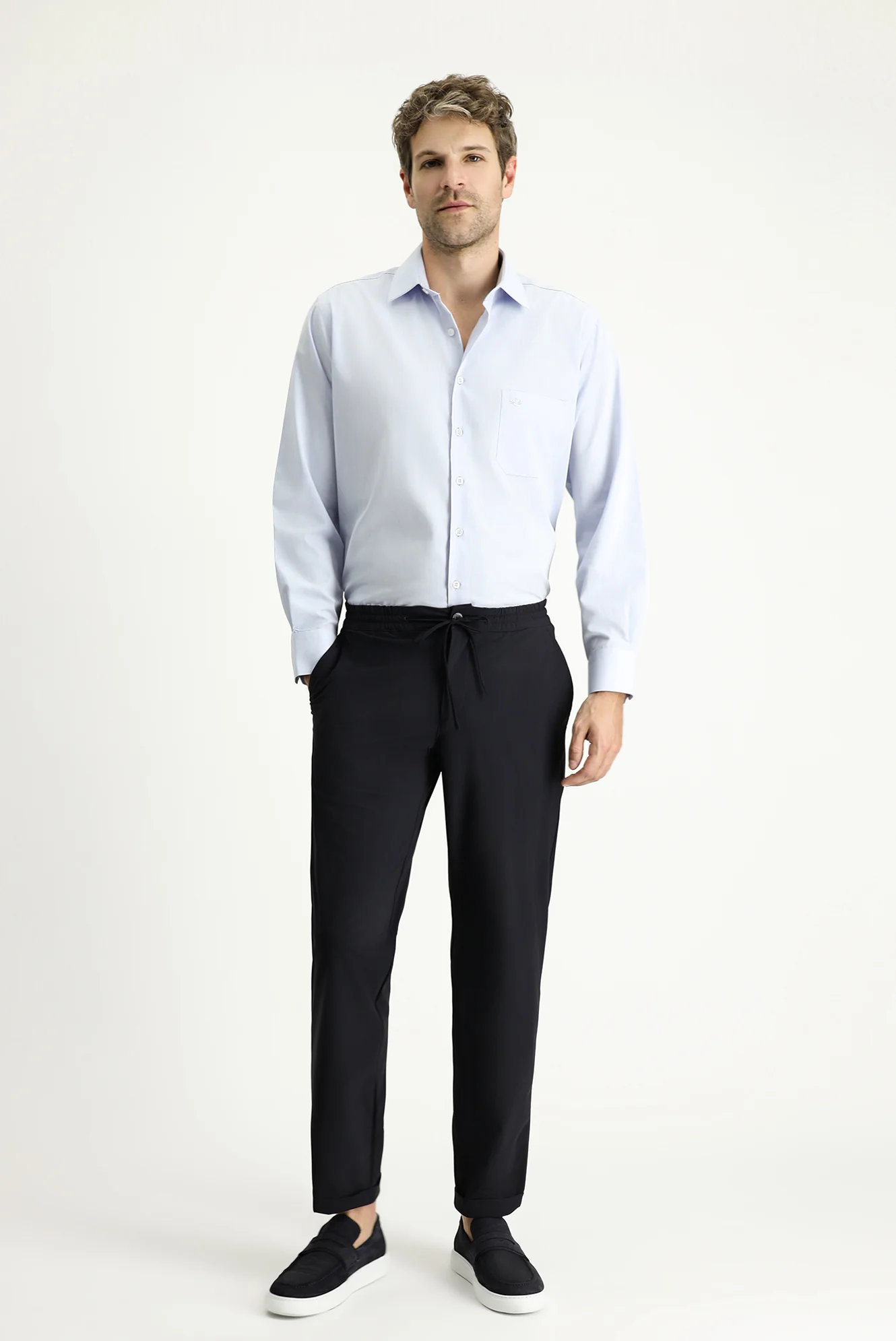 Koyu Lacivert Techno-Line 7 Drop Super Slim Fit Eksra Dar Kesim Beli Lastikli İpli Likralı Klasik Kumaş Pantolon - Image 2