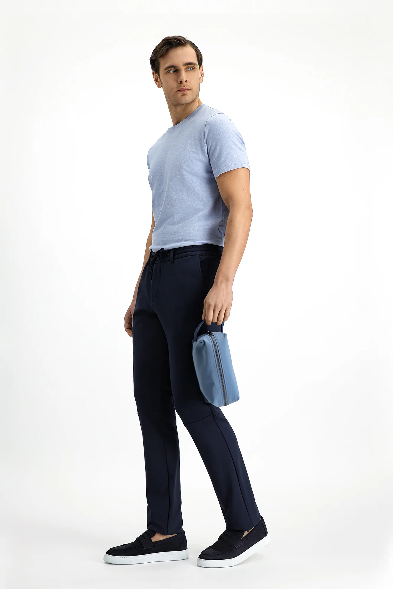 Koyu Lacivert Techno-Line 7 Drop Super Slim Fit Eksra Dar Kesim Likralı Beli Lastikli İpli Klasik Kumaş Pantolon - Image 2