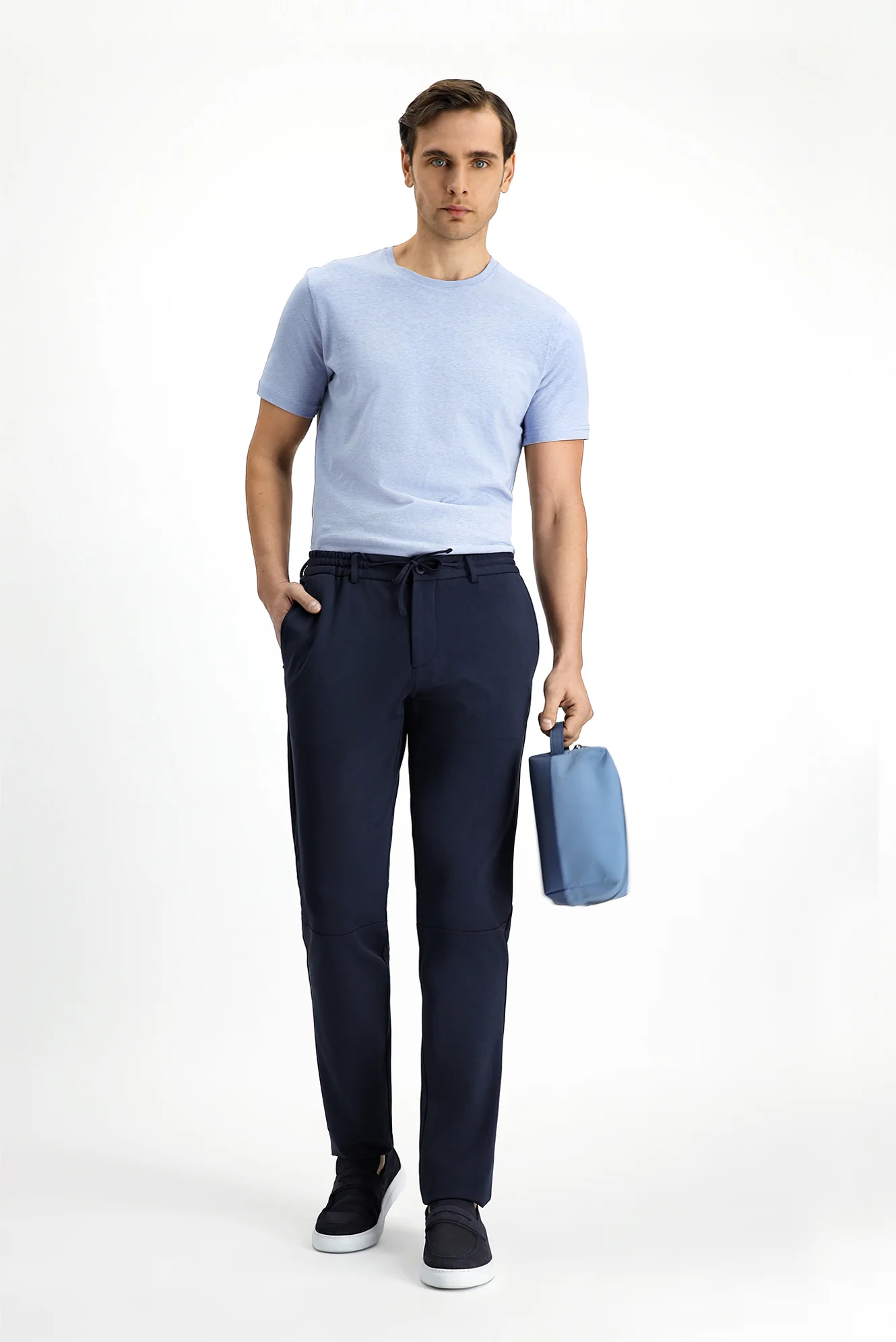 Koyu Lacivert Techno-Line 7 Drop Super Slim Fit Eksra Dar Kesim Likralı Beli Lastikli İpli Klasik Kumaş Pantolon - Image 3