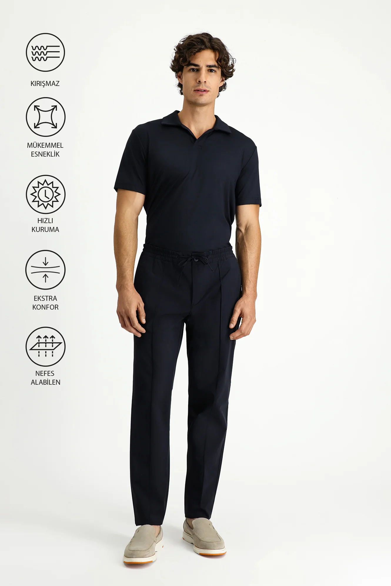 Koyu Lacivert Techno-Line 7 Drop Super Slim Fit Eksra Dar Kesim Likralı Beli Lastikli İpli Klasik Kumaş Pantolon