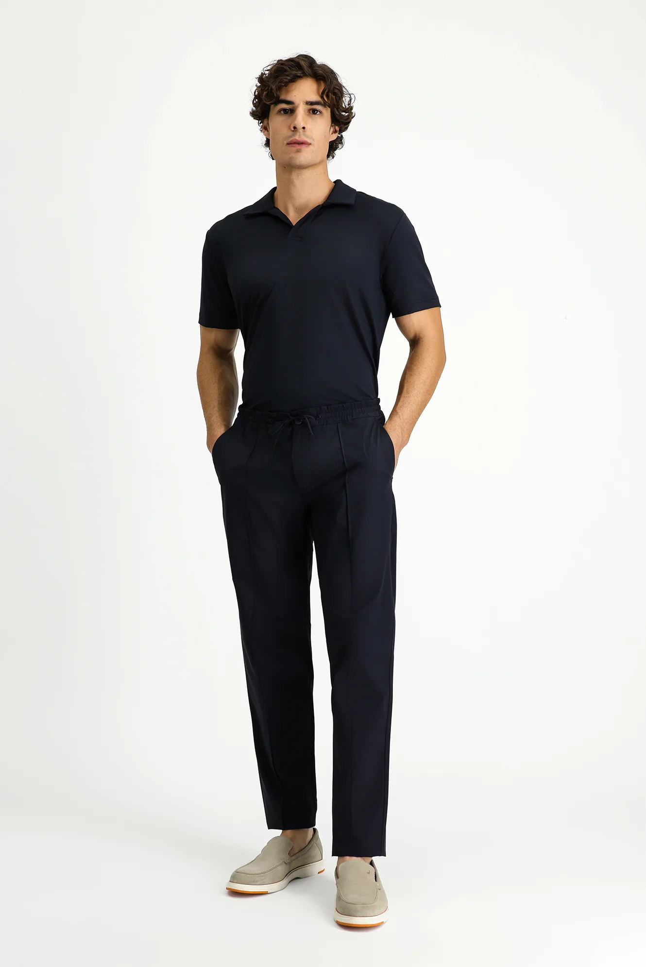 Koyu Lacivert Techno-Line 7 Drop Super Slim Fit Eksra Dar Kesim Likralı Beli Lastikli İpli Klasik Kumaş Pantolon - Image 3