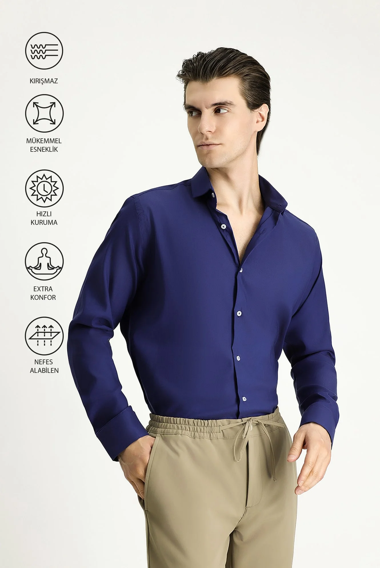 Koyu Lacivert Techno-Line Uzun Kol Slim Fit Dar Kesim Klasik Gömlek