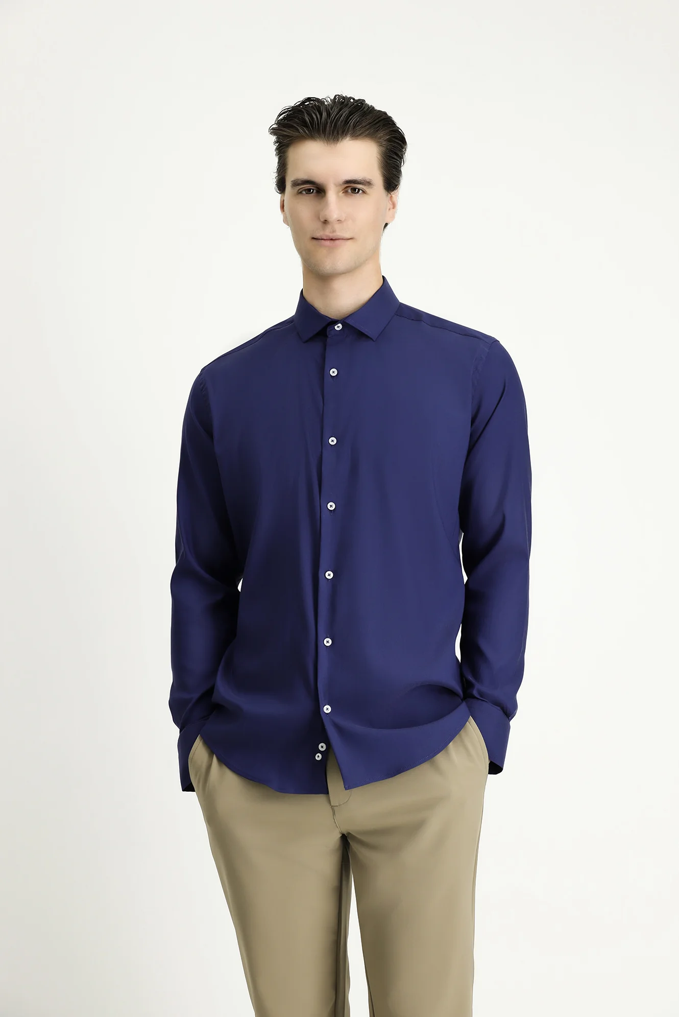Koyu Lacivert Techno-Line Uzun Kol Slim Fit Dar Kesim Klasik Gömlek - Image 4