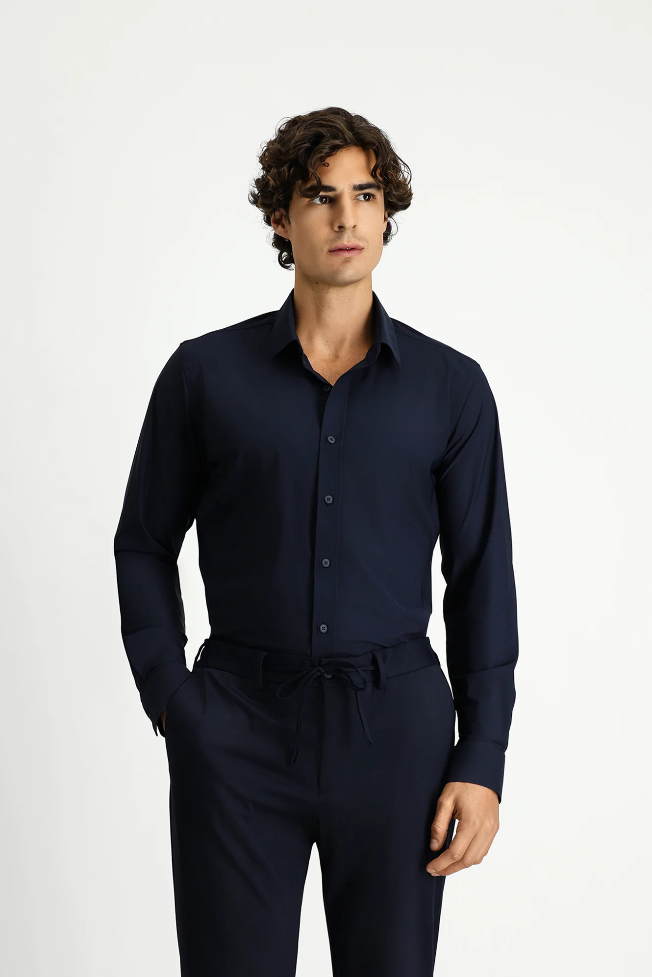 Koyu Lacivert Techno-Line Uzun Kol Slim Fit Dar Kesim Klasik Likralı Gömlek - Image 4