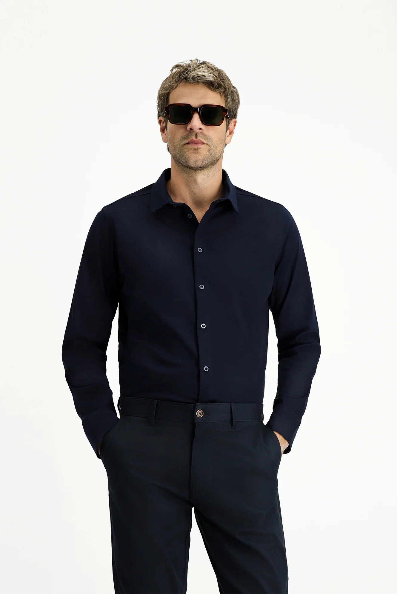 Koyu Lacivert Uzun Kol Regular Fit Pamuk Örme Gömlek - Image 3