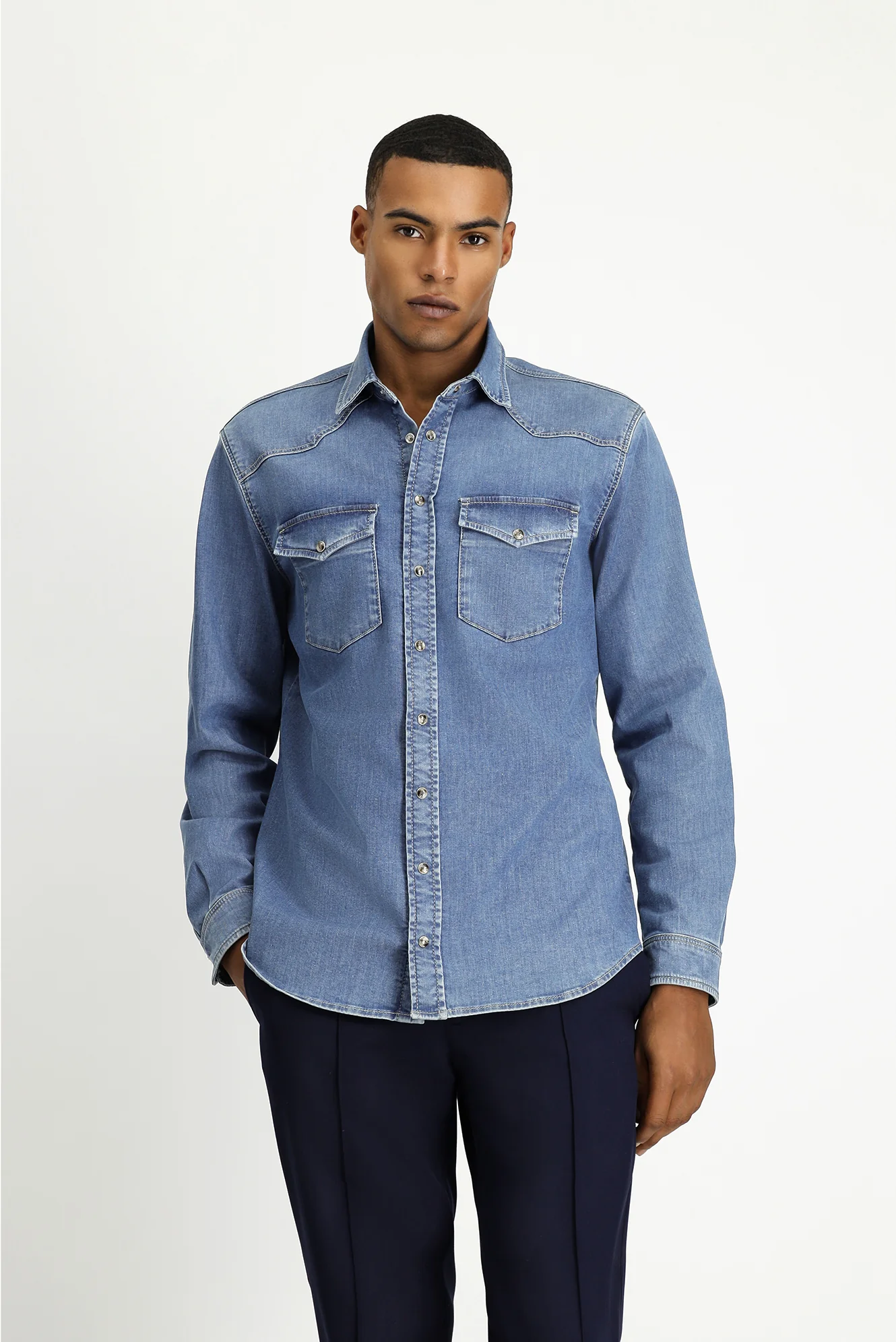 Koyu Lacivert Uzun Kol Regular Fit Pamuklu Denim Gömlek