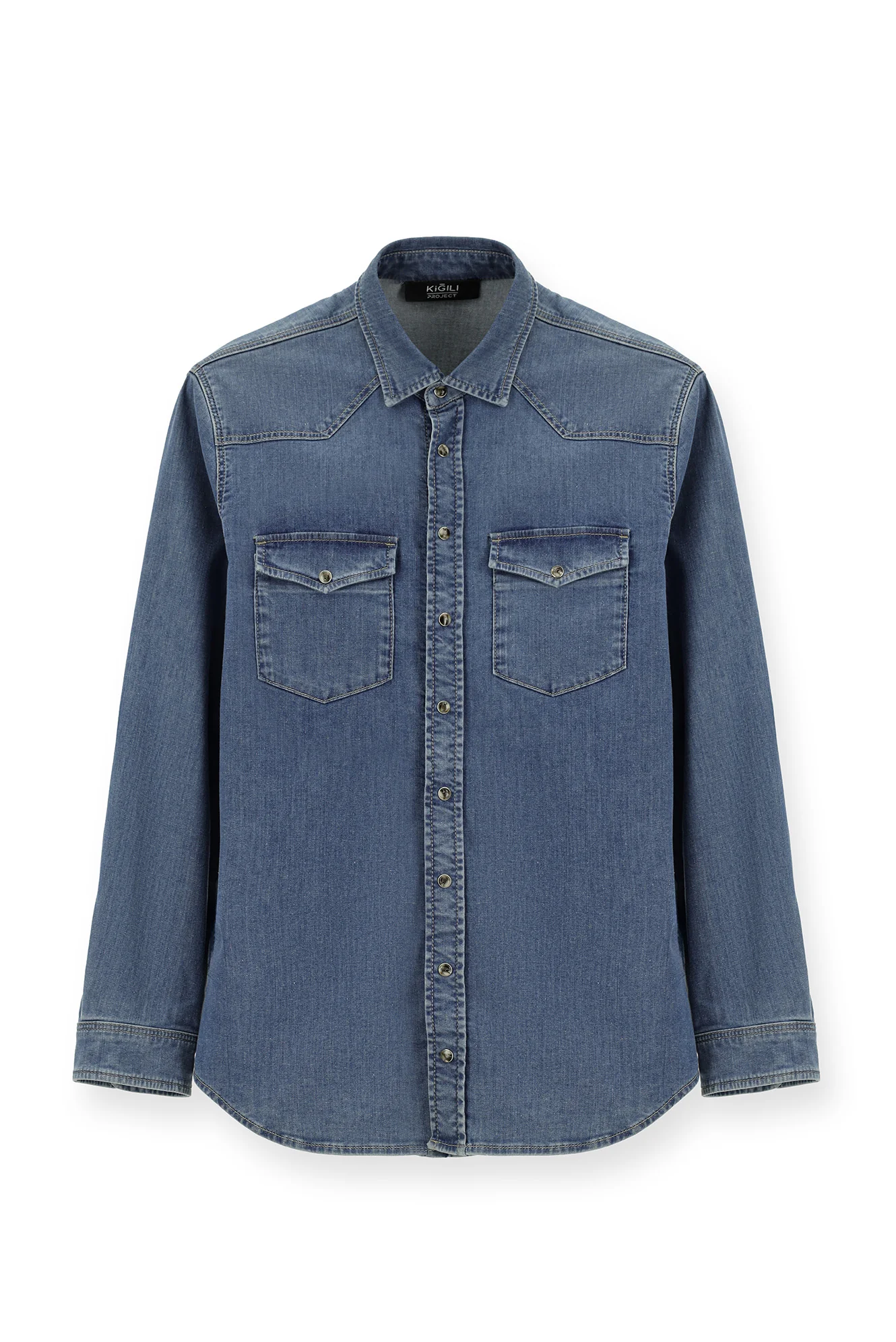 Koyu Lacivert Uzun Kol Regular Fit Pamuklu Denim Gömlek - Image 6