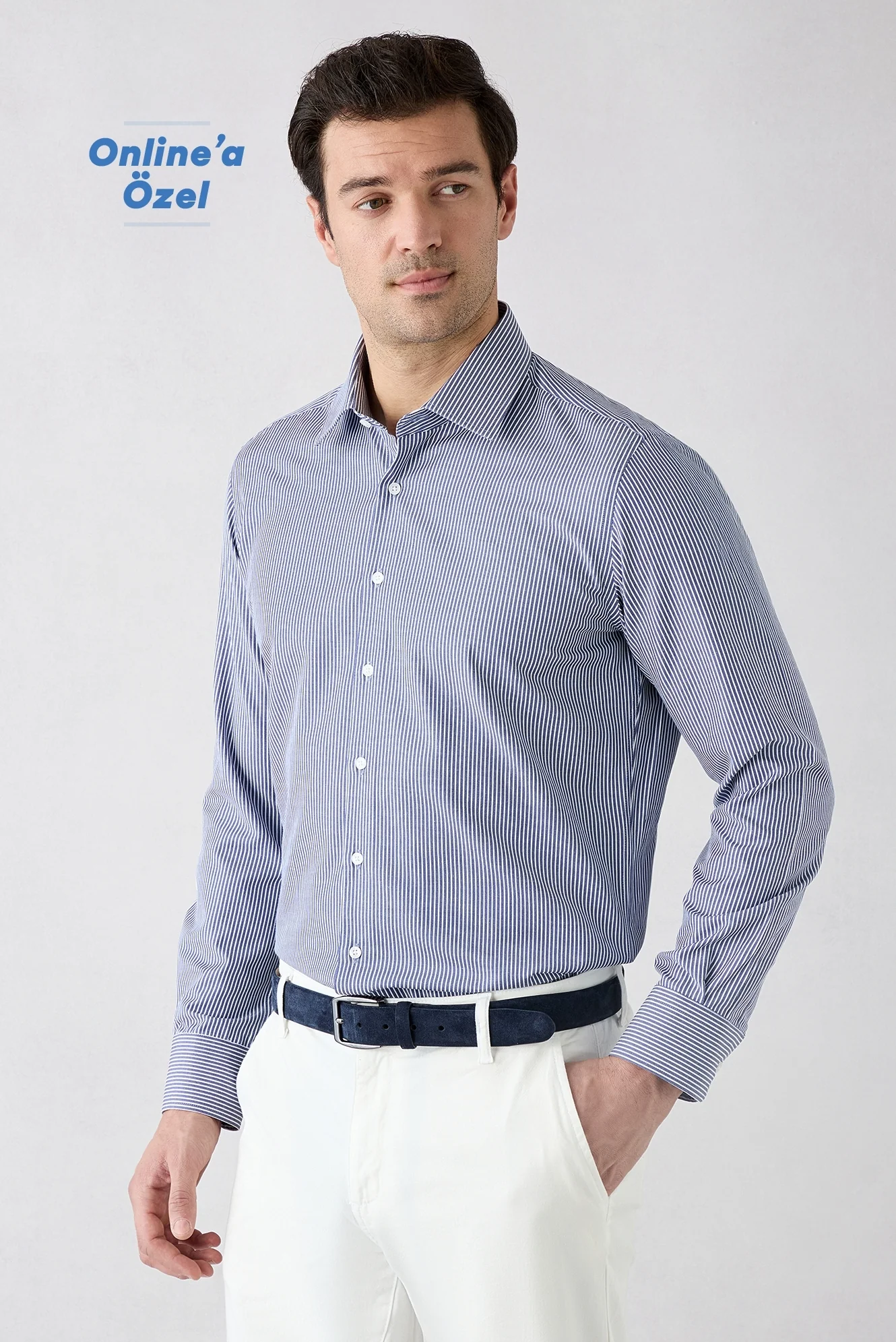 Koyu Lacivert Uzun Kol Slim Fit Çizgili Klasik Yaka Pamuklu Kolay Ütülenebilir Gömlek