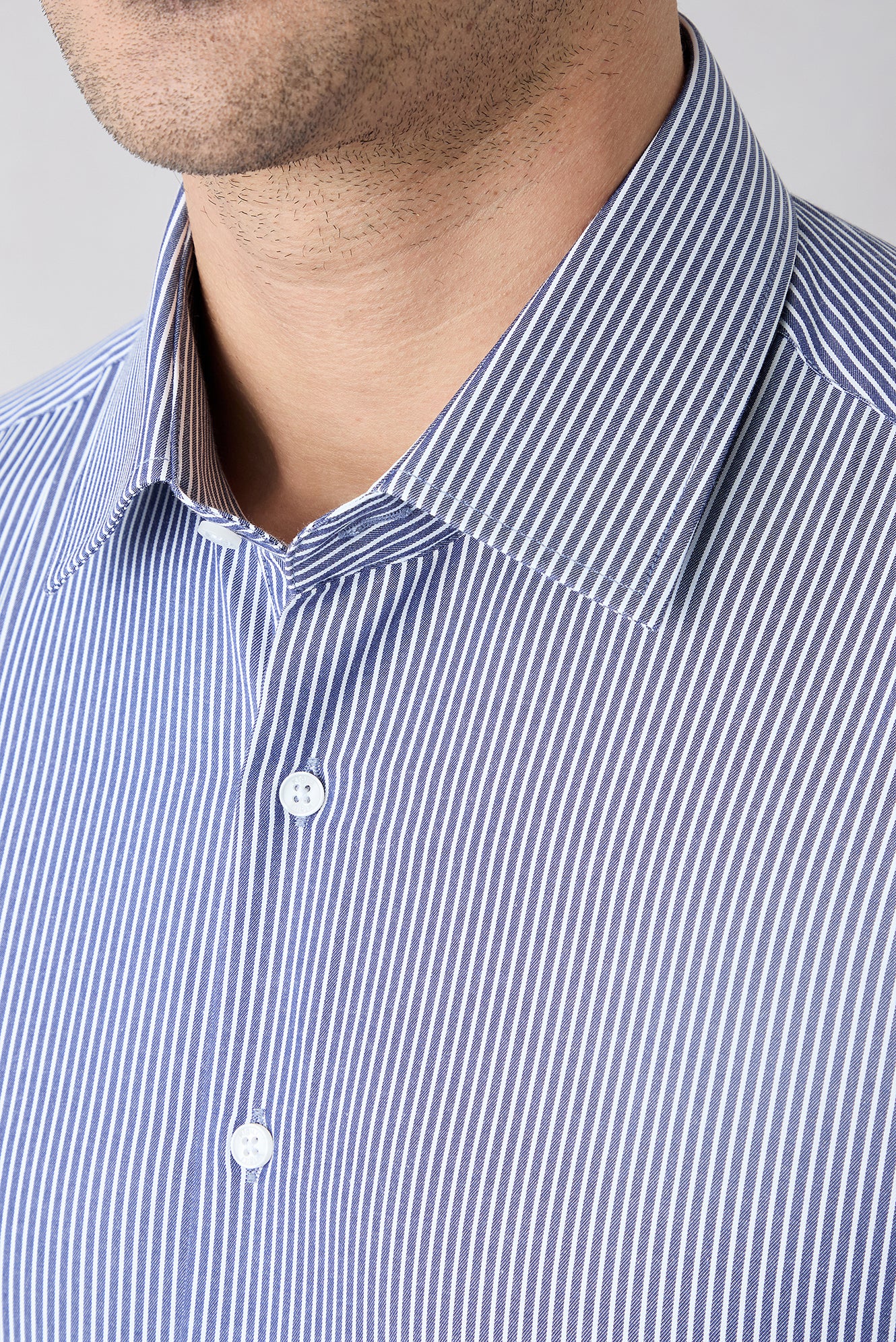 Koyu Lacivert Uzun Kol Slim Fit Çizgili Klasik Yaka Pamuklu Kolay Ütülenebilir Gömlek - Image 3